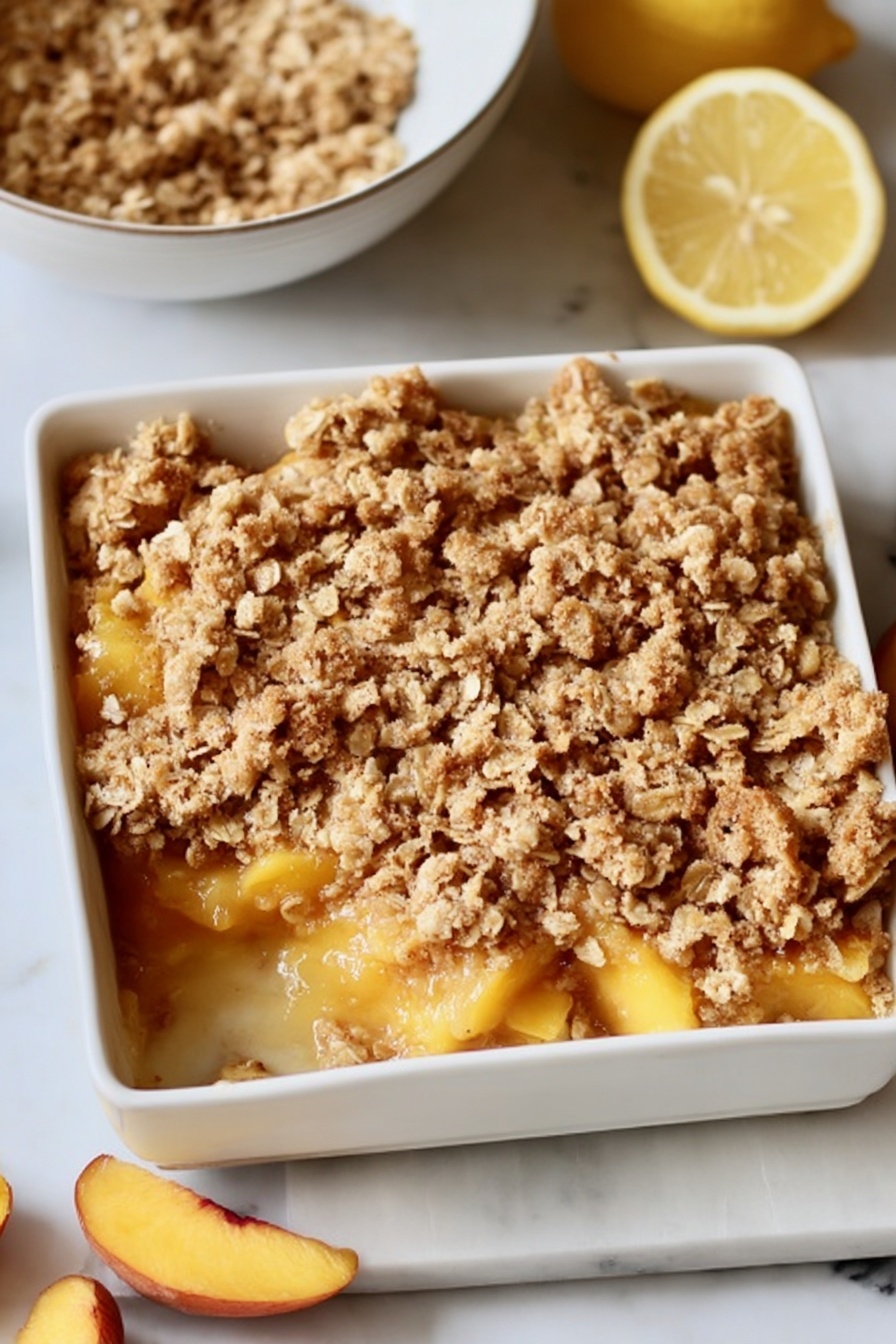 A white bowl holds three main layers: the bottom layer is golden brown cooked apple pieces with a soft texture, the middle layer is a crumbly oat and brown sugar topping with a rough texture, and the top layer is a large round scoop of smooth white vanilla ice cream slowly melting over the warm fruit and crumbs. A metal spoon rests inside the bowl, partially scooping up the apple crumble. The bowl is placed on a white marbled surface. photo taken with an iphone --ar 2:3 --v 7 - Easy Apple Crisp, apple crisp, apple crumble dessert, simple apple dessert, cinnamon apple dessert