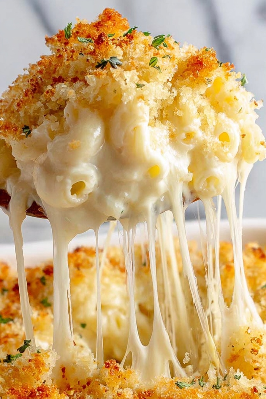 A close-up view of a black bowl filled with creamy macaroni and cheese. The dish has two main layers: the bottom layer is soft macaroni pasta covered in a smooth, white cheese sauce, and the top layer is golden brown toasted breadcrumbs with small green herb bits sprinkled throughout. A silver spoon is placed inside the bowl, scooping some of the macaroni. The background features a white marbled texture with a soft beige cloth visible in the top left corner. Photo taken with an iphone --ar 2:3 --v 7 - Baked Mac and Cheese, cheesy baked pasta, creamy baked macaroni, golden crust mac and cheese, comfort food recipes