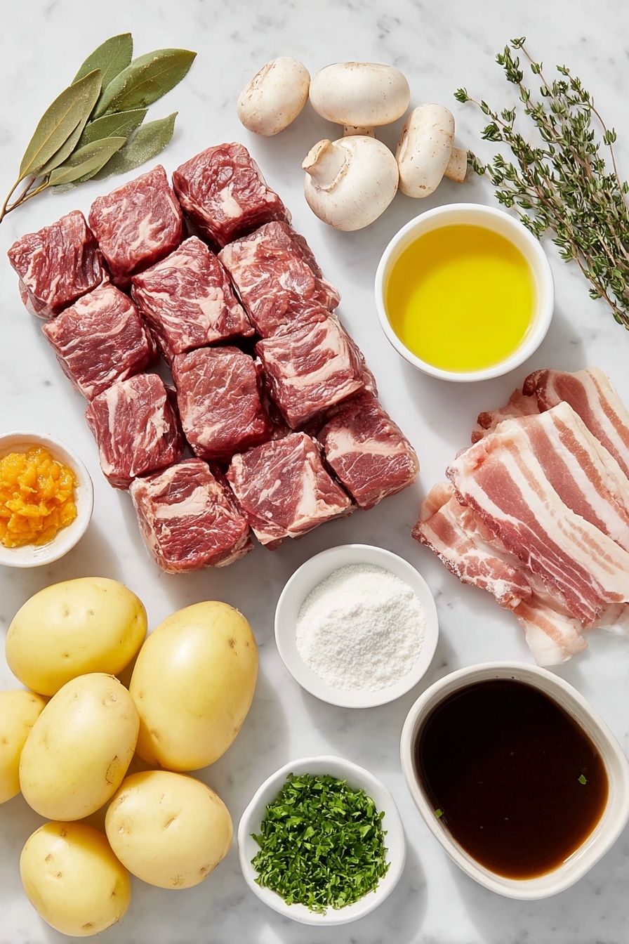 Flat lay of a thick slab of chuck beef cut into chunky cubes with visible marbling of fat, two large fresh carrots cut diagonally into chunky pieces, a cluster of small round pearl onions with pale glossy skins, three fresh green sprigs of thyme, a single fresh bay leaf with a smooth deep green surface, a handful of halved cremini mushrooms with light brown caps, a piece of raw bacon cut into thick batons showing pink meat and white fat, three whole garlic cloves with clean white papery skins, a small mound of smooth red tomato paste on a white ceramic plate, a small white bowl filled with plain all-purpose flour, a small white bowl containing golden olive oil, a small white bowl holding deep red pinot noir wine, a small white bowl of rich brown homemade beef stock, and a small pile of freshly chopped bright green parsley, all arranged with perfect symmetry on a clean white marble surface, soft natural light, photo taken with an iPhone, professional food photography style, fresh ingredients, white ceramic bowls, no bottles, no duplicates, no utensils, no packaging --ar 2:3 --v 7 --p awthu7i m7354615311229779997 - Beef Bourguignon, Classic Beef Bourguignon, Beef Burgundy, French beef stew, hearty beef stew