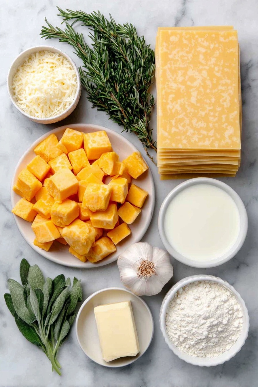Flat lay of a small pile of fresh cubed butternut squash with bright orange color, a few sprigs of fresh green rosemary and sage, a whole bulb of garlic with several cloves visible, three whole uncracked brown eggs, a small mound of finely grated Parmesan cheese, a small white ceramic bowl of heavy cream, a small white ceramic bowl of creamy 2% milk, a small white ceramic bowl of golden olive oil, four uncooked flat sheets of no-boil lasagne pasta neatly stacked, a small white ceramic bowl of soft unsalted butter, and a small white ceramic bowl of pale all-purpose flour, all arranged symmetrically on a clean white marble surface, soft natural light, photo taken with an iPhone, professional food photography style, fresh ingredients, white ceramic bowls, no bottles, no duplicates, no utensils, no packaging --ar 2:3 --v 7 --p awthu7i m7354615311229779997 - Roasted Butternut Squash Lasagna, butternut squash lasagna, vegetarian lasagna, healthy pasta bake, comforting squash lasagna