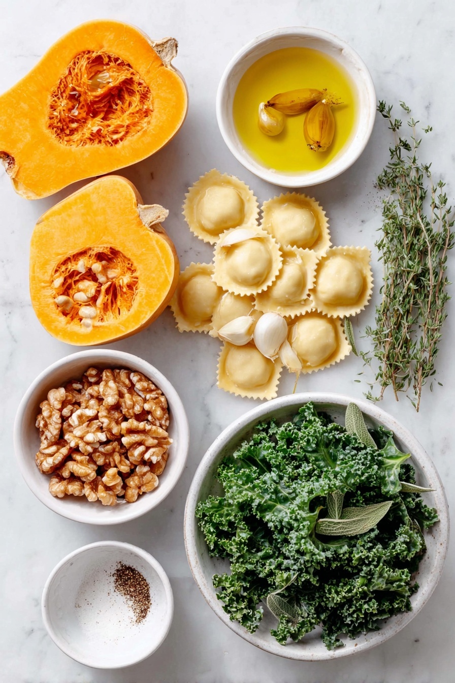 Flat lay of a small halved butternut squash with smooth orange flesh and seeds visible, three peeled garlic cloves, a medium shallot roughly chopped into pale purple chunks, a small pile of loose fresh green sage leaves, a few sprigs of fresh thyme with tiny green leaves, finely chopped walnuts in a small white ceramic bowl, a few uncracked brown eggs, a small white bowl filled with golden extra-virgin olive oil, a small white bowl containing clear pale apple cider vinegar, a pinch of ground nutmeg sprinkled neatly on white ceramic, fresh sea salt crystals in a small white dish, freshly ground black pepper scattered subtly on the surface, sheets of fresh pale yellow homemade ravioli pasta dough laid flat, and a small mound of bright green sautéed kale leaves, arranged with perfect symmetry and balanced proportions, placed on a clean white marble surface, soft natural light, photo taken with an iPhone, professional food photography style, fresh ingredients, white ceramic bowls, no bottles, no duplicates, no utensils, no packaging --ar 2:3 --v 7 --p awthu7i m7354615311229779997 - Butternut Squash Ravioli with Sage Walnut Sauce, butternut squash ravioli, homemade ravioli recipe, sage walnut sauce, fall pasta dishes