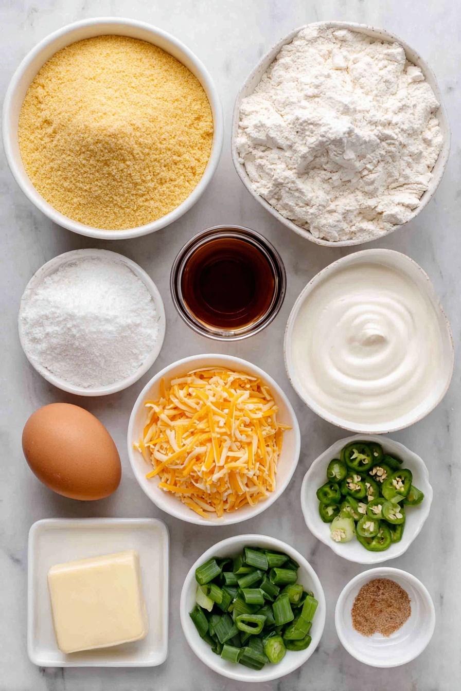 Flat lay of a small mound of golden yellow cornmeal, a neat pile of pale all-purpose flour, a few scattered sea salt crystals, a tiny heap of white baking powder, a pinch of baking soda, a small white ceramic bowl filled with creamy almond milk, one whole large brown egg with a clean shell, a small white bowl of amber maple syrup, a small white bowl of golden extra-virgin olive oil, fresh green scallions whole and chopped, a small pile of bright green seeded jalapeño peppers diced, a small mound of vivid orange shredded cheddar cheese, and a small pat of pale yellow butter placed on a simple white ceramic dish, all arranged in perfect symmetry on a clean white marble surface, soft natural light, photo taken with an iPhone, professional food photography style, fresh ingredients, white ceramic bowls, no bottles, no duplicates, no utensils, no packaging --ar 2:3 --v 7 --p awthu7i m7354615311229779997 - Spicy Jalapeño Cornbread, jalapeño cornbread with cheese, spicy cornbread recipe, easy jalapeño cornbread, savory jalapeño side dish