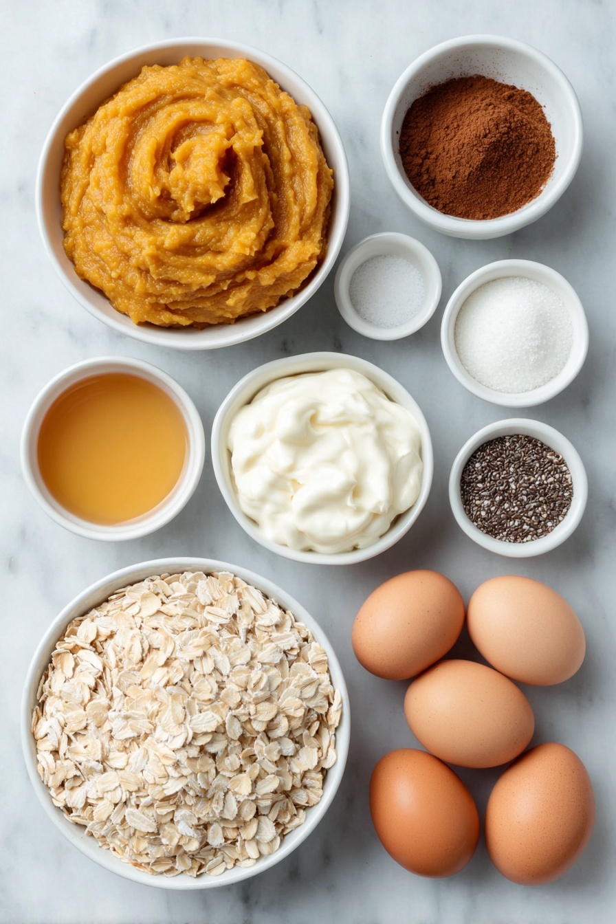 Flat lay of a small white ceramic bowl of fresh pumpkin puree, a small white ceramic bowl filled with golden maple syrup, a small white ceramic bowl of fine light brown sugar, a small white ceramic bowl holding rich dark instant espresso powder, a small white ceramic bowl containing warm brown pumpkin pie spice, a small white ceramic bowl with smooth vanilla Greek yogurt, a small white ceramic bowl of creamy milk, a neatly heaped pile of old-fashioned rolled oats, a small white ceramic bowl with tiny black chia seeds, a small cluster of whole uncracked brown eggs arranged symmetrically, placed on a clean white marble surface, soft natural light, photo taken with an iPhone, professional food photography style, fresh ingredients, white ceramic bowls, no bottles, no duplicates, no utensils, no packaging --ar 2:3 --v 7 --p awthu7i m7354615311229779997 - Pumpkin Spice Latte Overnight Oats, fall breakfast ideas, healthy overnight oats, pumpkin spice breakfast, easy fall recipes
