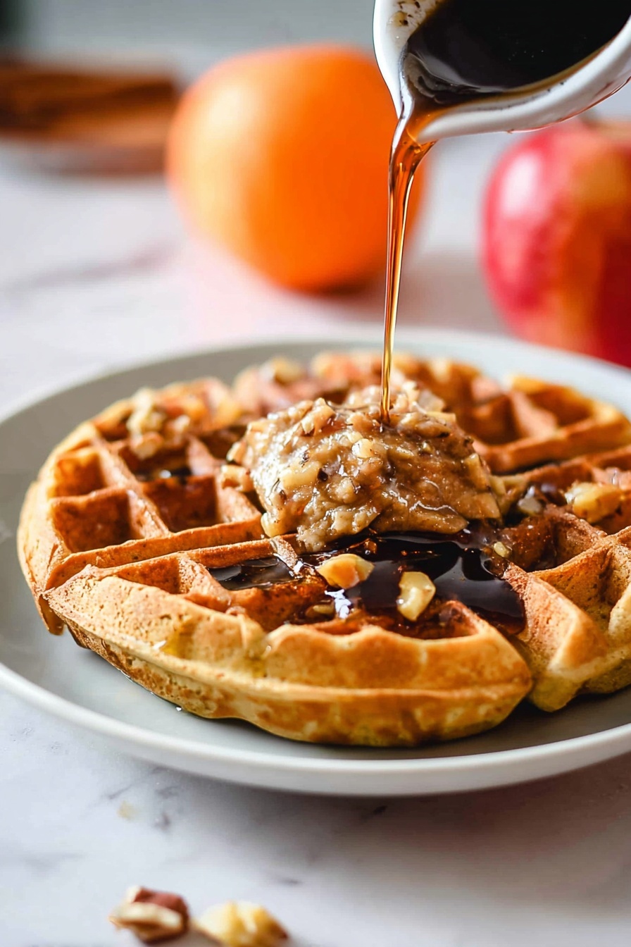 Two thick waffle pieces with a golden brown color sit on a white plate with a thin blue rim. The waffles have a textured grid pattern filled with syrup and a dollop of nut butter on top, which looks creamy and slightly chunky. A silver spoon with syrup is pouring a thin stream of syrup onto the front waffle, making it glisten. A white-handled fork rests next to the waffles. The background is blurred with warm tones and some fruits in soft focus. The surface beneath the plate is a white marbled texture. photo taken with an iphone --ar 2:3 --v 7 - Pumpkin Waffles, Pumpkin Waffles Recipe, Fall Breakfast Ideas, Easy Waffle Recipes, Cozy Pumpkin Breakfasts