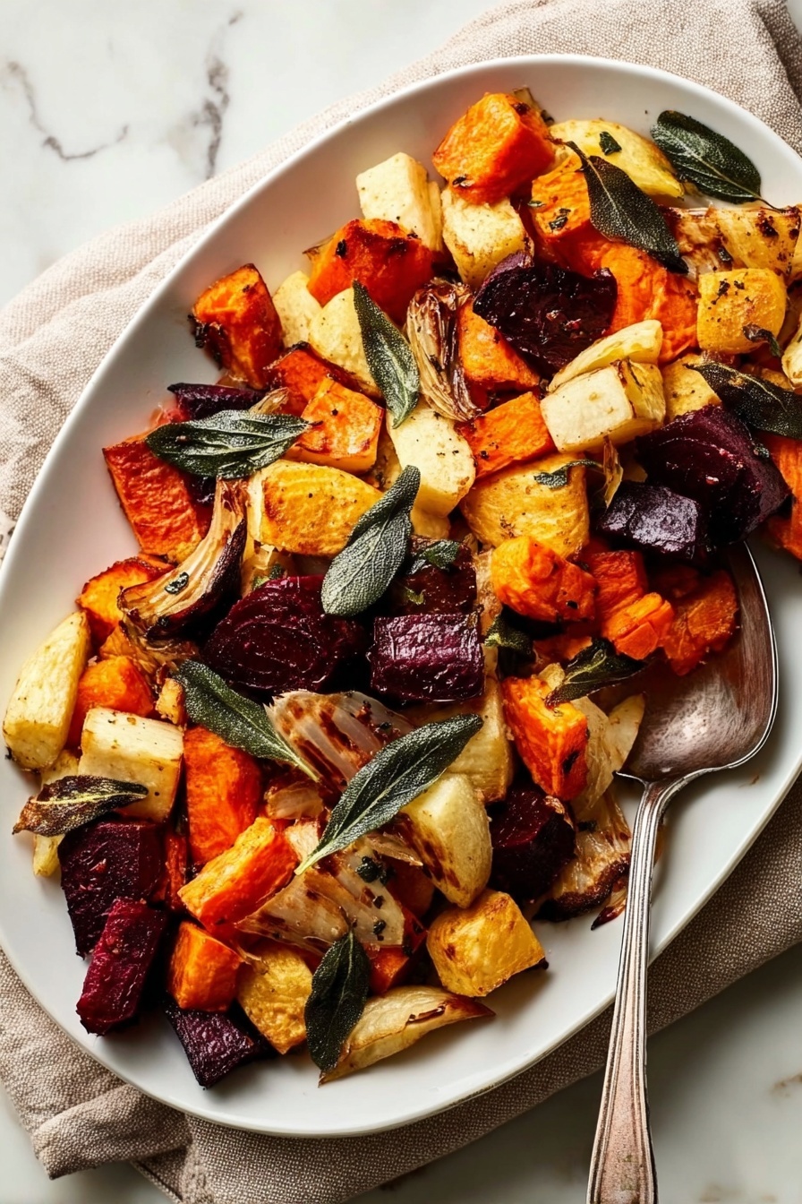 A white oval plate filled with a colorful mix of roasted root vegetables, including orange sweet potato chunks, deep purple beet pieces, yellow parsnip slices, and bright orange carrot rounds, all roasted to a slightly caramelized texture. Fresh green sage leaves are scattered on top, adding a fresh contrast to the warm tones of the vegetables. A silver spoon with a simple handle rests on the right edge of the plate. The dish sits on a white marbled surface with a beige cloth napkin partially visible in the upper right corner. Photo taken with an iphone --ar 2:3 --v 7 - Roasted Root Vegetables with Crispy Sage, roasted root vegetable side dish, crispy sage vegetable recipe, healthy roasted root vegetables, flavorful herbal vegetable dish