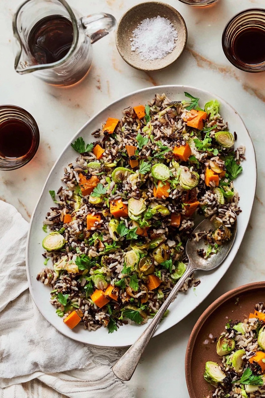 A large white oval plate holds a salad made of three main layers: the bottom layer is made of mixed rice including wild and brown rice with a slightly shiny and crunchy texture; the middle layer shows bright orange roasted sweet potato pieces with a soft and roasted texture spread widely across the rice; the top layer includes thin light green Brussels sprout slices and fresh green parsley leaves scattered evenly to add crispness and color contrast. Near the top edge of the plate, a tarnished silver spoon rests partially inside the salad, picking up some rice, sweet potato, and Brussels sprouts. The plate sits on a white marbled surface alongside a brown round plate carrying a smaller serving of the same salad. There is a small bowl filled with white coarse salt towards the left and two glass cups—one filled with dark liquid and the other with bubbles—toward the top right. A clear glass pitcher of water is also near the top left corner. Part of a white cloth with thin gray stripes lies near the bottom right. Photo taken with an iphone --ar 2:3 --v 7 - Wild Rice Pilaf with Sweet Potatoes and Cranberries, autumn rice side dish, healthy wild rice recipes, cozy fall side dishes, festive rice recipes