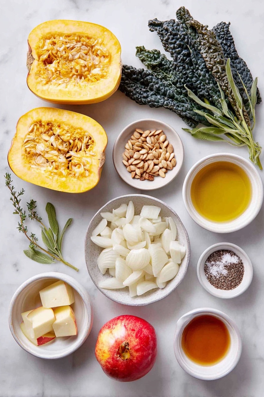 Flat lay of a fresh delicata squash cut into thick half-moon pieces, a small pile of halved pearl onions, a handful of glossy pepitas and pine nuts mixed together, several torn dark green lacinato kale leaves, a few chopped sage leaves, fresh thyme sprigs with vibrant green leaves, one small diced gala apple with bright red and yellow skin, a small white ceramic bowl with golden extra-virgin olive oil, a small white ceramic bowl containing amber apple cider vinegar, a tiny bowl with finely minced garlic, a separate bowl with smooth pale Dijon mustard, a very small bowl holding light amber maple syrup, and a simple white ceramic bowl sprinkled with coarse sea salt and cracked black pepper, all arranged symmetrically on a clean white marble surface, soft natural light, photo taken with an iPhone, professional food photography style, fresh ingredients, white ceramic bowls, no bottles, no duplicates, no utensils, no packaging --ar 2:3 --v 7 --p awthu7i m7354615311229779997 - Roasted Delicata Squash and Apple Salad, fall salad recipes, roasted squash salad, healthy autumn salads, easy seasonal salad