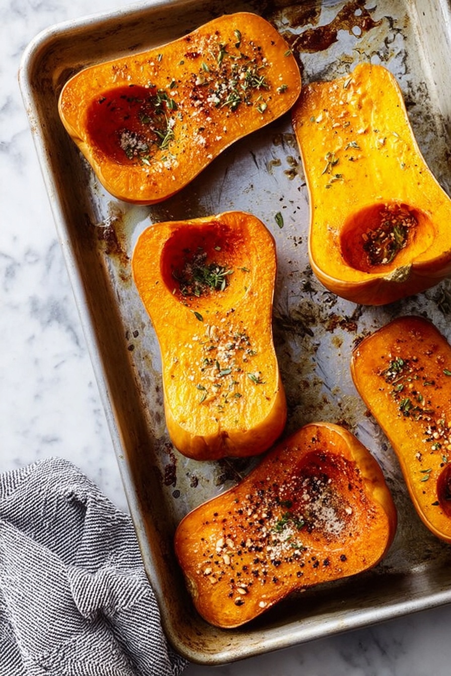 The image shows a metal baking tray with six halves of roasted butternut squash arranged loosely across it. Three halves have the deeper orange flesh side up, revealing a soft texture with some herbs and blackened bits sprinkled across for seasoning. The other three halves are flipped, showing the golden-brown skin side with a smooth, slightly shiny surface and some specks of seasoning. The tray has some oily spots and small burnt bits around the squash. Under the tray, a part of a grey and white striped cloth is visible on a white marbled surface. photo taken with an iphone --ar 2:3 --v 7 - Honey Nut Squash Roast with Ricotta and Walnuts, Honey Nut Squash Roast, Roasted Squash with Ricotta and Walnuts, Easy Fall Vegetable Roast, Cozy Autumn Dinner Ideas