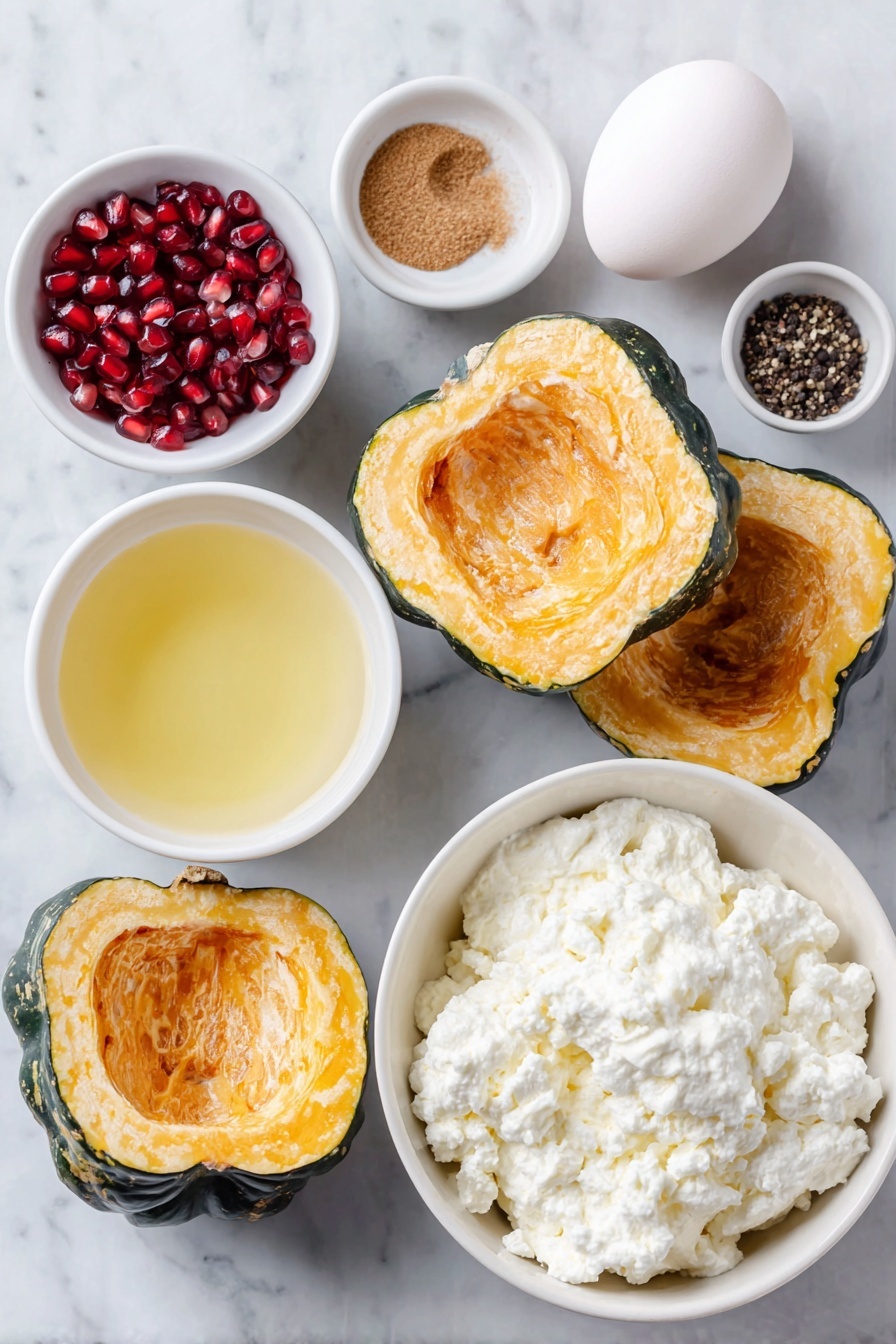 Flat lay of two quartered acorn squash with deep green and orange hues, a small white ceramic bowl of golden olive oil, a whole clean egg with smooth shell, a small white ceramic bowl filled with creamy fresh ricotta cheese, a small white ceramic bowl of bright red pomegranate seeds, a small white ceramic bowl holding amber honey, freshly grated nutmeg scattered softly nearby on the white surface, and a small pinch of coarse kosher salt and freshly cracked black pepper crystals placed symmetrically on the marble, placed on a clean white marble surface, soft natural light, photo taken with an iPhone, professional food photography style, fresh ingredients, white ceramic bowls, no bottles, no duplicates, no utensils, no packaging --ar 2:3 --v 7 --p awthu7i m7354615311229779997 - Roasted Acorn Squash with Ricotta and Pomegranate, Acorn Squash recipes, Fall vegetable dishes, Healthy roasted squash ideas, Pomegranate squash side dish