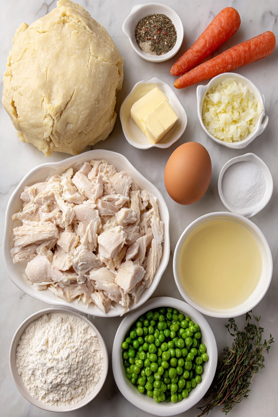 Flat lay of a small mound of pale yellow homemade pie crust dough disk, a pile of cubed raw boneless skinless chicken breast, two bright orange carrots sliced into rounds, several fresh celery stalks sliced lengthwise and crosswise, a small pat of unsalted butter, a handful of chopped yellow onion, a single peeled garlic clove minced, a small white bowl of all-purpose flour, a small white bowl of coarse salt, a small white bowl of freshly ground black pepper, a few sprigs of fresh dried thyme leaves, a small white bowl filled with golden chicken broth, a small white bowl with creamy half-and-half, a small pile of vibrant frozen green peas, one whole large brown egg with a smooth shell, a small white bowl with milk, and a few fresh green thyme sprigs for garnish, all arranged symmetrically on simple white ceramic dishes, placed on a clean white marble surface, soft natural light, photo taken with an iPhone, professional food photography style, fresh ingredients, white ceramic bowls, no bottles, no duplicates, no utensils, no packaging --ar 2:3 --v 7 --p m7354615311229779997 - Homestyle Chicken Pot Pie, chicken pot pie recipe, homemade chicken pot pie, comforting chicken pot pie, flaky pie crust chicken pie