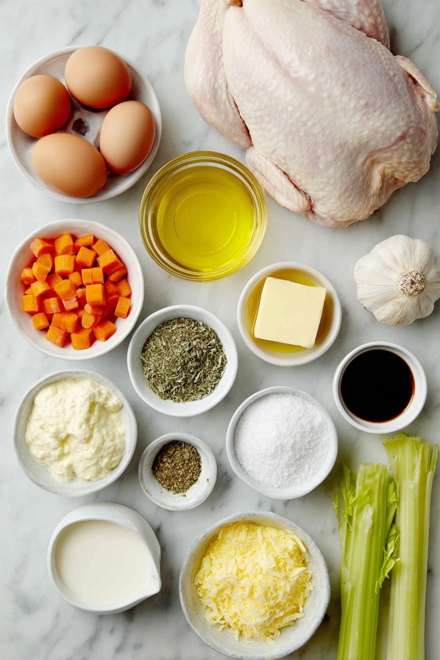 Flat lay of a raw bone-in skinless chicken breast with natural pink and white tones, a small mound of whole uncracked brown eggs, a few fresh bright orange diced carrots, two crisp green celery stalks with leaves, a small whole yellow onion, three peeled garlic cloves, a small white ceramic bowl of golden olive oil, a small white ceramic bowl of creamy melted butter, a small white ceramic bowl filled with white cake flour, a small white ceramic bowl with coarse granulated sugar, a small white ceramic bowl of cold milk, a small white ceramic bowl of pale sour cream, a small white ceramic bowl of light beige chicken broth, a small white ceramic bowl of frozen green peas, a small white ceramic bowl of mixed dried herbs (basil, parsley, thyme, rosemary, mustard powder, sage, pepper), a small white ceramic bowl containing bright reddish hot sauce, and a small white ceramic bowl with dark brown Worcestershire sauce, all neatly arranged in perfect symmetry on a clean white marble surface, soft natural light, photo taken with an iPhone, professional food photography style, fresh ingredients, white ceramic bowls, no bottles, no duplicates, no utensils, no packaging --ar 2:3 --v 7 --p m7354615311229779997 - Hearty Chicken and Dumplings Soup, chicken and dumplings, comfort food soup, easy chicken soup recipe, fluffy dumplings recipe