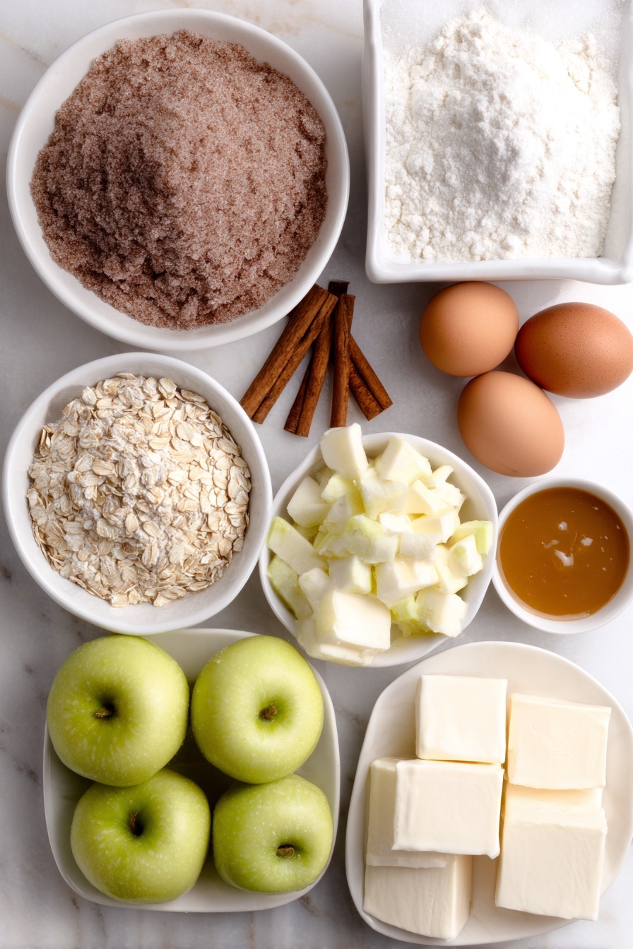Flat lay of a small mound of all-purpose flour, a neat pile of firmly packed brown sugar, a large slab of softened butter, three whole brown eggs with clean shells, three peeled and cored Granny Smith apples chopped into small pieces, a few whole cinnamon sticks with scattered ground cinnamon and nutmeg beside them, a small white bowl filled with quick cooking oats, three blocks of cream cheese with smooth surfaces, a few whole vanilla beans, and a small white bowl holding golden caramel sauce, all arranged symmetrically in simple white ceramic bowls and plates, placed on a clean white marble surface, soft natural light, photo taken with an iPhone, professional food photography style, fresh ingredients, white ceramic bowls, no bottles, no duplicates, no utensils, no packaging --ar 2:3 --v 7 --p m7354615311229779997 - Caramel Apple Cheesecake Bars, apple cheesecake bars, caramel apple bars, fall dessert bars, easy apple cheesecake recipe
