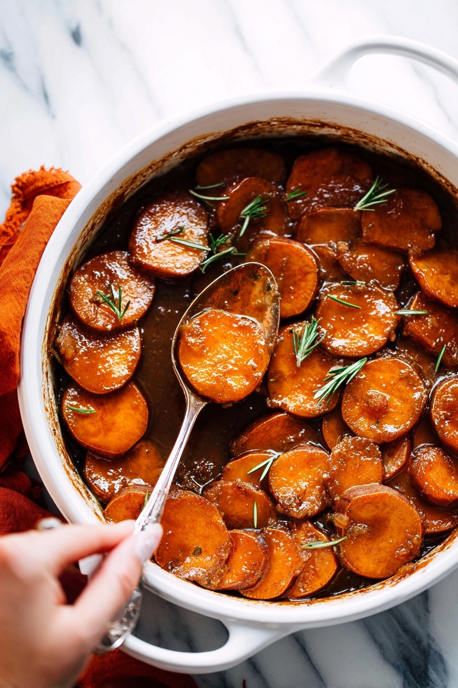The image shows a close-up of thick round slices of cooked sweet potatoes, layered with a shiny, sticky brown sauce that coats them evenly. The sweet potatoes are soft with a smooth texture, and the sauce looks rich and slightly glossy, pooling around the edges. Small sprigs of green rosemary lie scattered among the slices, adding a touch of color. A silver spoon holds a couple of the sticky sweet potato slices, lifting them slightly above the rest. The background is a white marbled texture that adds contrast and focus to the warm orange and brown tones of the dish. photo taken with an iphone --ar 2:3 --v 7 - Candied Sweet Potatoes with Maple Glaze, sweet potato side dish, autumn sweet potato recipes, easy sweet potato side, maple glazed sweet potatoes
