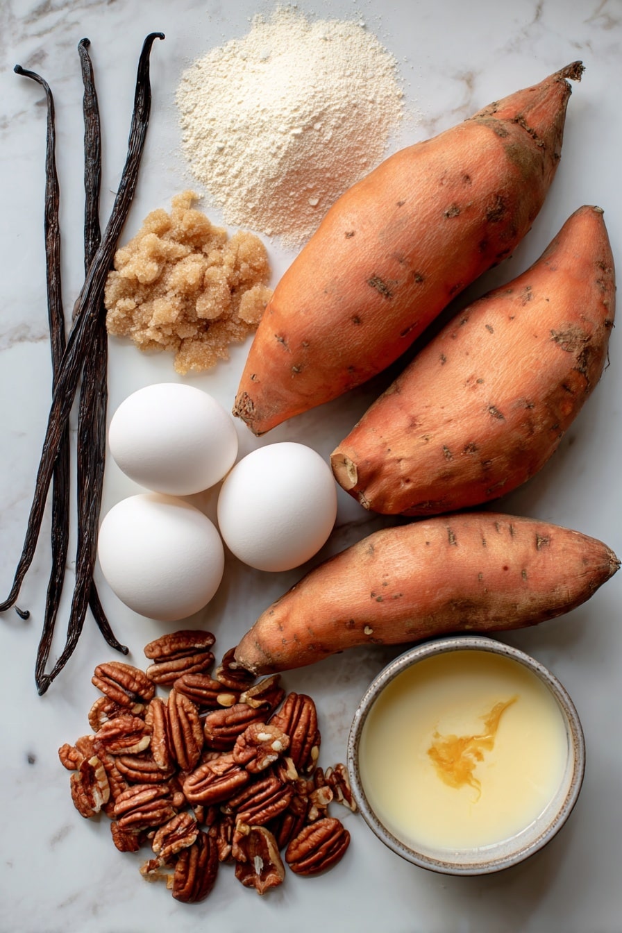 Flat lay of large bright orange sweet potatoes with smooth skin, rich golden melted butter in a small natural pool, raw whole eggs with smooth white shells, light brown sugar crystals forming a small mound with a warm caramel hue, chopped pecans showing textured brown shells and creamy interiors, a small pile of pale beige all-purpose flour dusted loosely, creamy off-white evaporated milk poured in a gentle pool, and a fresh vanilla bean pod dark and glossy – all beautifully arranged with natural spacing and soft shadows, placed on white marbled surface, photo taken with an iphone --ar 2:3 --v 7 - Sweet Potato Casserole, sweet potato side dish, holiday casserole recipe, comforting sweet potato dish, pecan topping sweet potato