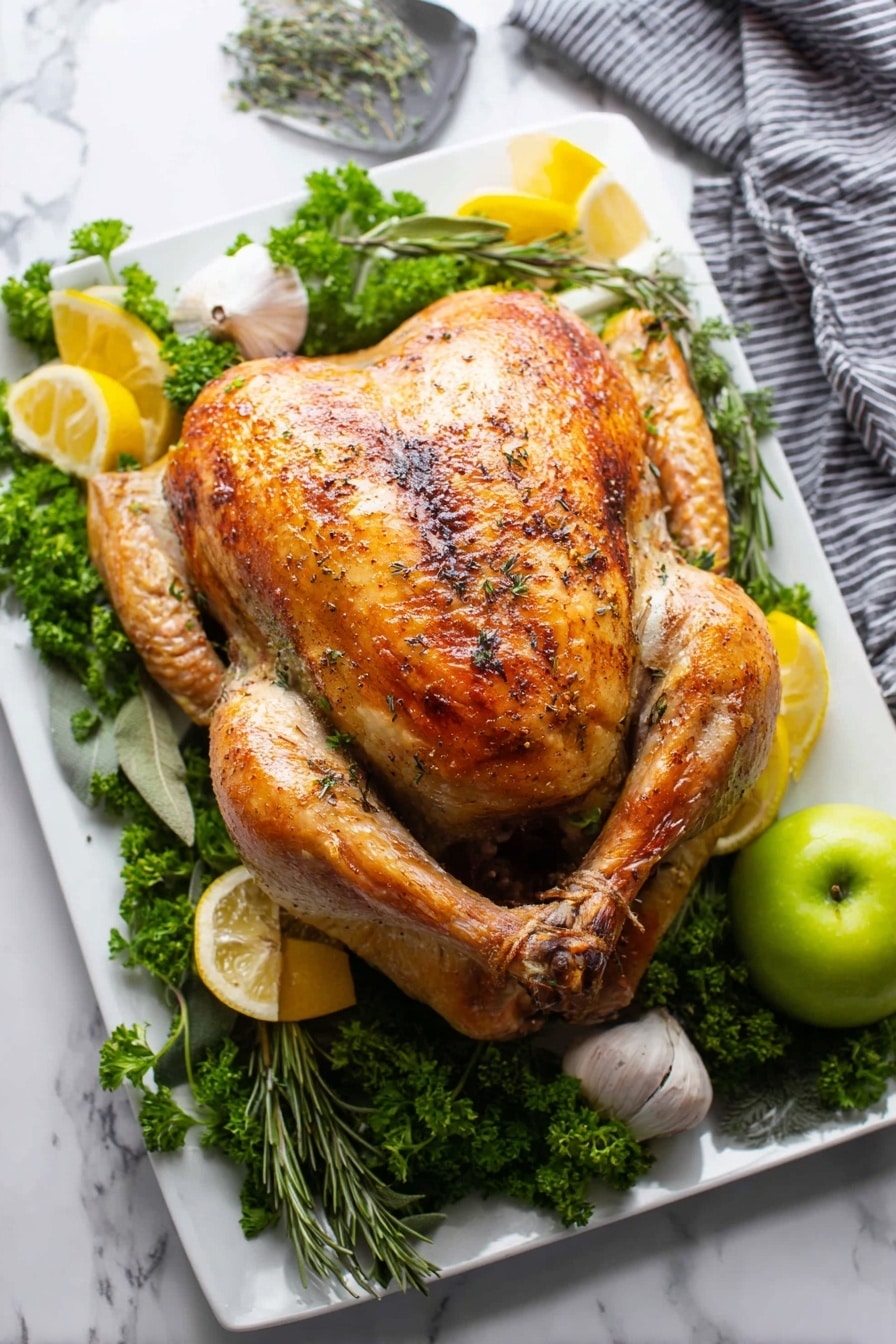 A whole roasted chicken with a golden-brown, crispy skin seasoned with herbs sits in the center of a white rectangular plate. The chicken is on top of a bed of green leafy herbs, adding fresh texture around the edges. Several lemon halves are placed around the chicken, showing bright yellow color and juicy interiors. A woman's hand is holding a knife slicing into the chicken's side, revealing tender, moist white meat inside. The background is a white marbled surface. Photo taken with an iphone --ar 2:3 --v 7 - Easy No Fuss Thanksgiving Turkey, stress-free turkey recipe, juicy flavorful turkey, simple holiday turkey, foolproof Thanksgiving turkey