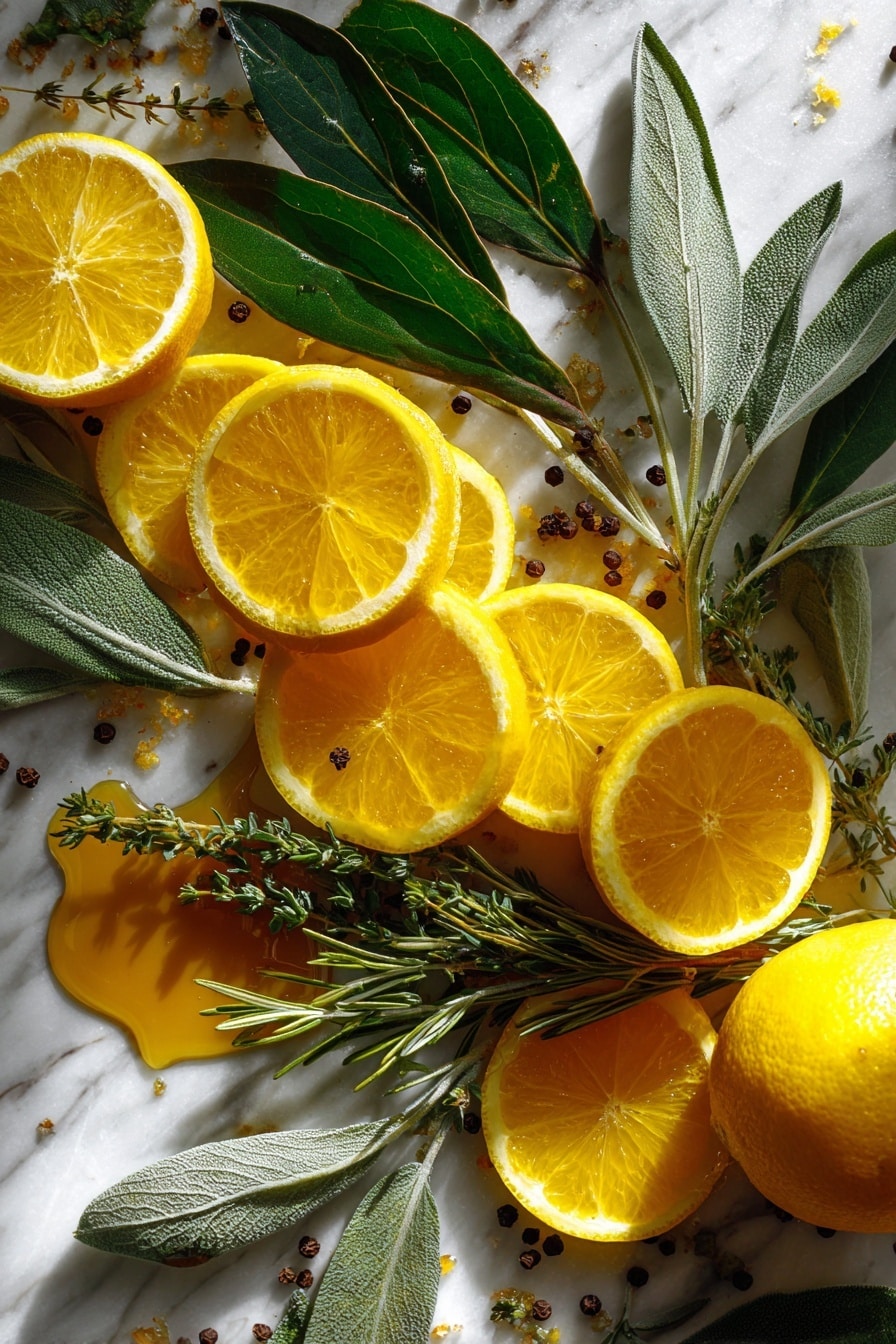 Flat lay of bright yellow lemon quarters and vibrant orange slices with glossy green rosemary sprigs and fresh bay leaves arranged naturally alongside soft sage leaves and tender thyme sprigs, scattered whole black peppercorns adding contrast, a small pile of rich golden maple syrup glistening gently, all placed on white marbled surface, photo taken with an iphone --ar 2:3 --v 7 - Easy Turkey Brine with Citrus and Herb Butter, citrus herb turkey brine, juicy turkey marinade, flavorful turkey preparation, holiday turkey tips