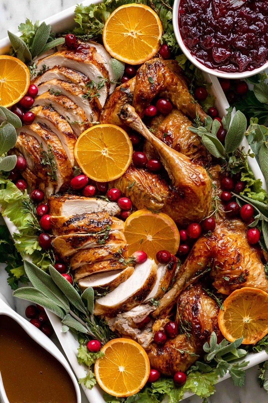 The dish shows a large white tray filled with roasted turkey pieces that are golden brown with a slightly crispy texture. On the left, slices of the turkey are neatly arranged showing the white and light brown meat inside. Whole turkey legs and wings are placed around, some garnished with bright red cranberries. Fresh green herbs and leafy greens cover the tray, with orange slices scattered on top and around the turkey. In the top right corner, there is a white bowl filled with dark red cranberry sauce that looks thick. At the bottom right, a white gravy boat contains a rich brown gravy. The whole scene is placed on a white marbled surface. Photo taken with an iphone --ar 2:3 --v 7 - Juicy Roast Turkey with Herb Butter and Garlic-White Wine Baste, roast turkey, holiday turkey recipe, turkey cooking tips, flavorful Thanksgiving turkey