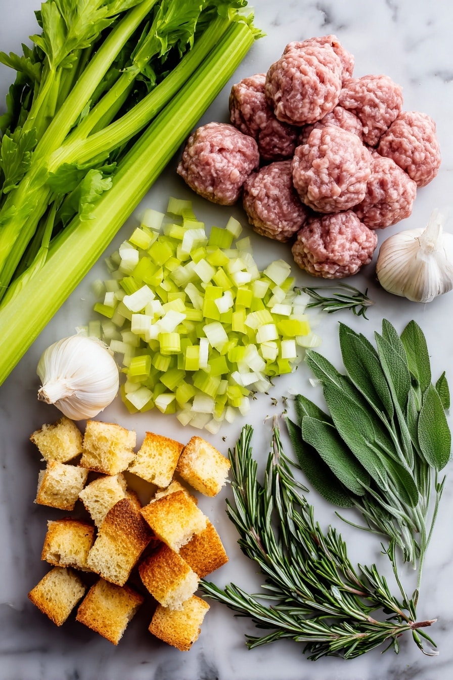 Flat lay of fresh sweet Italian sausage in raw bulk form with light marbling, diced bright yellow onion pieces, crisp pale green celery stalks chopped into small chunks, peeled garlic cloves with smooth white skin, sprigs of fresh green rosemary with needle-like leaves, soft sage leaves in muted gray-green tones, vibrant flat-leaf parsley chopped finely showing bright green color, all neatly arranged with rustic cubes of golden-brown bread stuffing, placed on white marbled surface, photo taken with an iphone --ar 2:3 --v 7 - Easy Sausage & Herb Stuffing, sausage stuffing recipe, holiday stuffing with sausage, herb stuffing easy, flavorful sausage and herb stuffing
