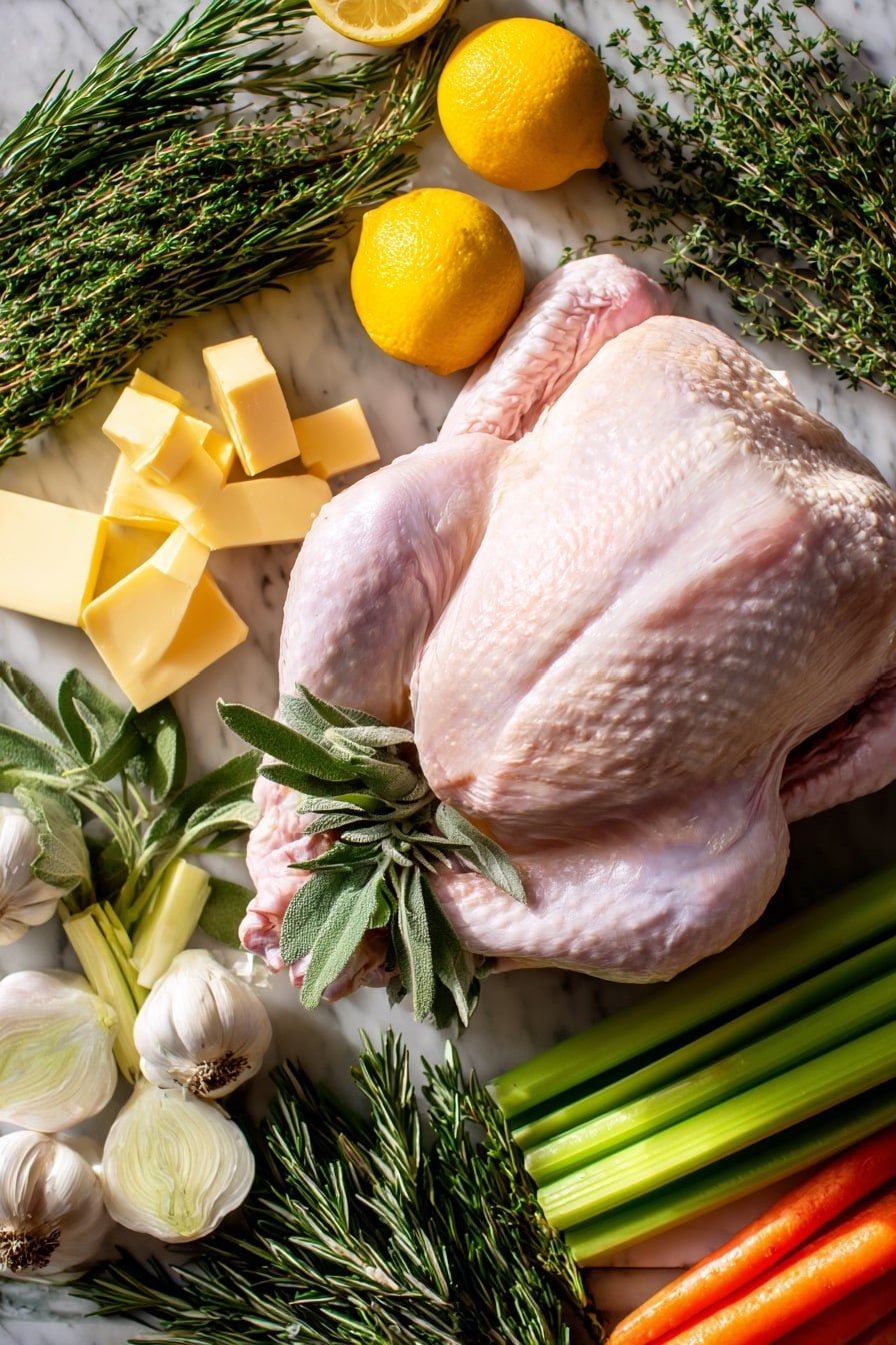 Flat lay of a whole raw turkey with pale pink skin, surrounded by fresh quartered yellow lemon wedges, vibrant green sprigs of rosemary, thyme, and sage with fine leaves, golden yellow chunks of unsalted butter, cloves of raw garlic with papery white skins and smooth texture, crisp orange carrot pieces, bright green celery ribs with a fibrous texture, and quartered white onion sections showing layered rings, all naturally arranged in an inviting, slightly scattered pattern, placed on white marbled surface, photo taken with an iphone --ar 2:3 --v 7 - Garlic Butter Roasted Turkey, juicy roasted turkey, holiday turkey recipe, flavorful turkey dinner, easy turkey preparation