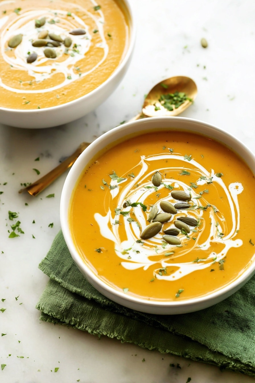 Two white bowls filled with smooth orange soup sit on a white marbled surface. Each bowl shows a swirl of white cream on top, with green pumpkin seeds placed in the center of the cream swirl. Small bits of chopped green herbs are scattered lightly over the soup. A golden spoon with a small sprinkle of green herbs rests beside one bowl on a green cloth. The photo has bright natural light highlighting the creamy texture of the soup, photo taken with an iphone --ar 2:3 --v 7 - Curried Butternut Squash Soup, butternut squash soup, cozy vegetable soup, healthy curried soup, easy fall salads