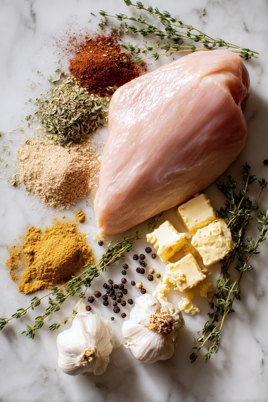 Flat lay of a plump, raw boneless turkey breast with smooth pale pink skin; small heaps of warm brown paprika, beige garlic powder, golden onion powder, greenish dried thyme sprigs, and mixed poultry seasoning powders; lumps of creamy yellow butter with a soft texture; fresh sprigs of bright green thyme scattered delicately; whole black peppercorns with shiny dark surfaces; all beautifully arranged in a natural, balanced composition, placed on white marbled surface, photo taken with an iphone --ar 2:3 --v 7 - Juicy Traeger Smoked Turkey Breast, Traeger smoked turkey, easy smoked turkey breast, no brine turkey recipe, flavorful turkey breast