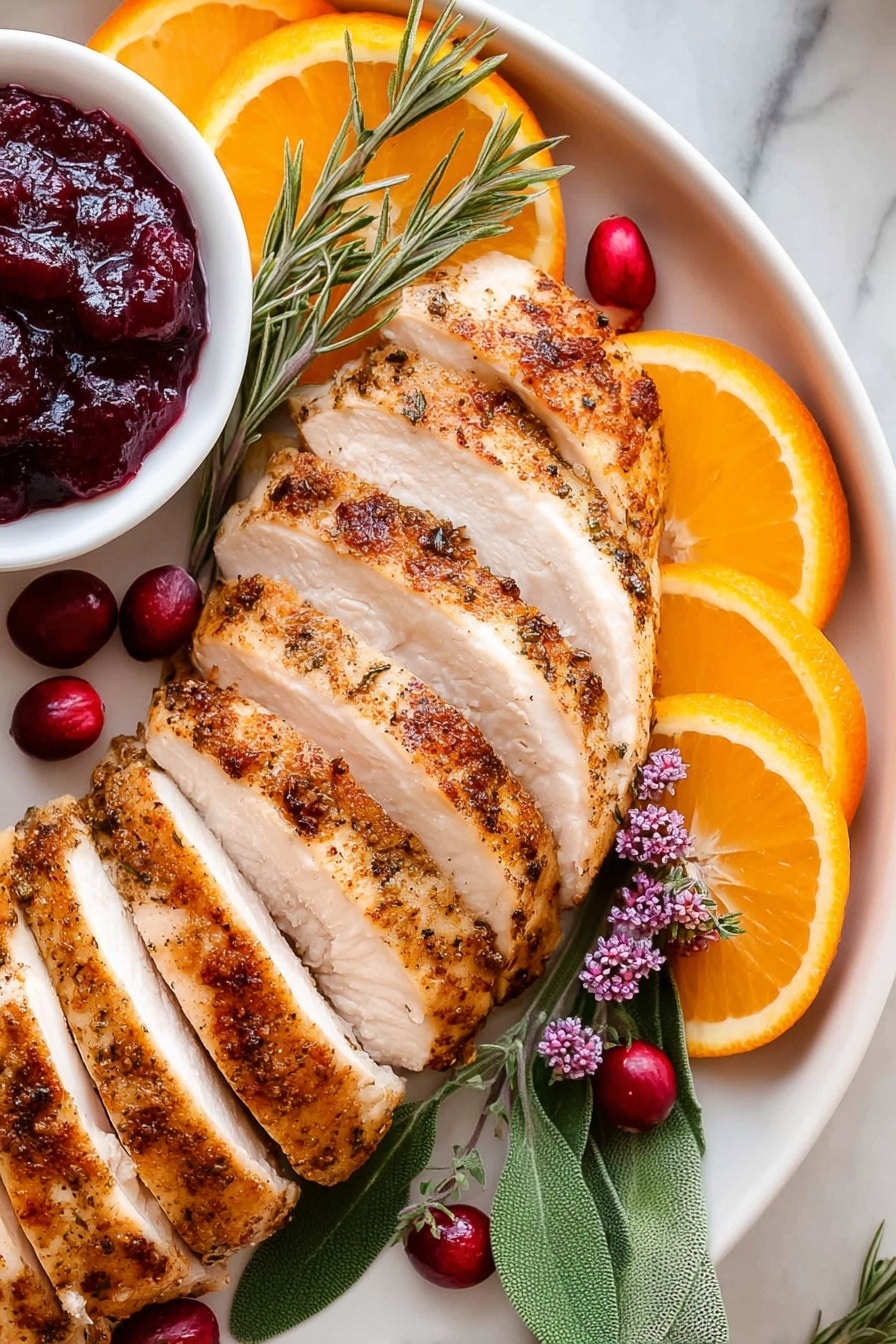 A white plate on a white marbled surface holds a sliced turkey arranged in a neat fanned shape, its golden-brown roasted skin on top with juicy white meat inside. To the left of the turkey, there are three bright orange slices quietly resting, with a small white bowl nearby filled with dark red cranberry sauce dotted with whole cranberries. A sprig of fresh green rosemary lies between the turkey and the bowl, garnished with fresh cranberries and a few green leaves scattered around the plate. A woman's hand appears on both sides, gently holding the edges of the plate. In the background, part of a striped cloth and an orange pumpkin sit on the white marbled surface. photo taken with an iphone --ar 2:3 --v 7 - Juicy Traeger Smoked Turkey Breast, Traeger smoked turkey, easy smoked turkey breast, no brine turkey recipe, flavorful turkey breast