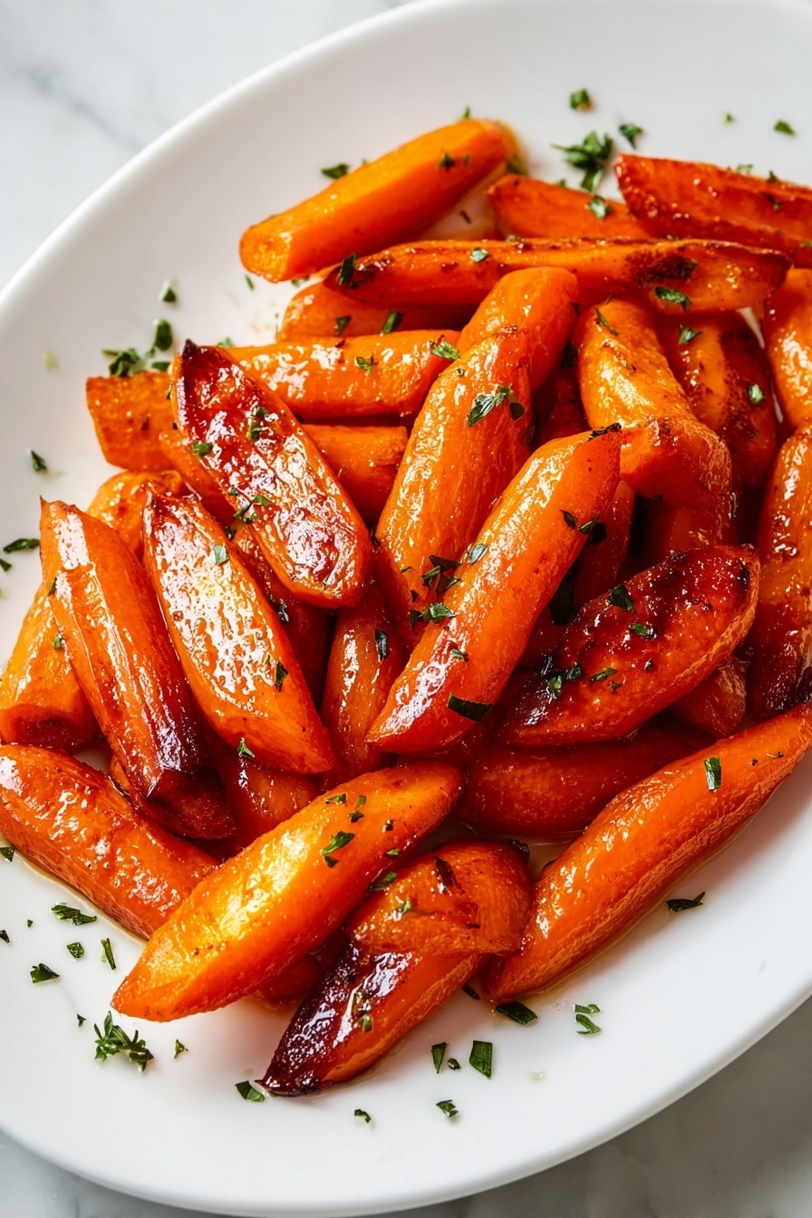 The image shows many roasted carrot pieces spread out on a baking tray with a slightly browned, oily surface. Each carrot is cut into long pieces, with some showing a shiny caramelized texture on one side, varying from deep orange to darker brown hues. The carrots appear tender with a lightly glazed look, and small bits of salt or seasoning are visible on their surface. The background is a white marbled texture. photo taken with an iphone --ar 2:3 --v 7 - Honey Glazed Roasted Carrots, roasted carrot recipes, honey roasted vegetables, easy carrot side dish, healthy vegetable recipes