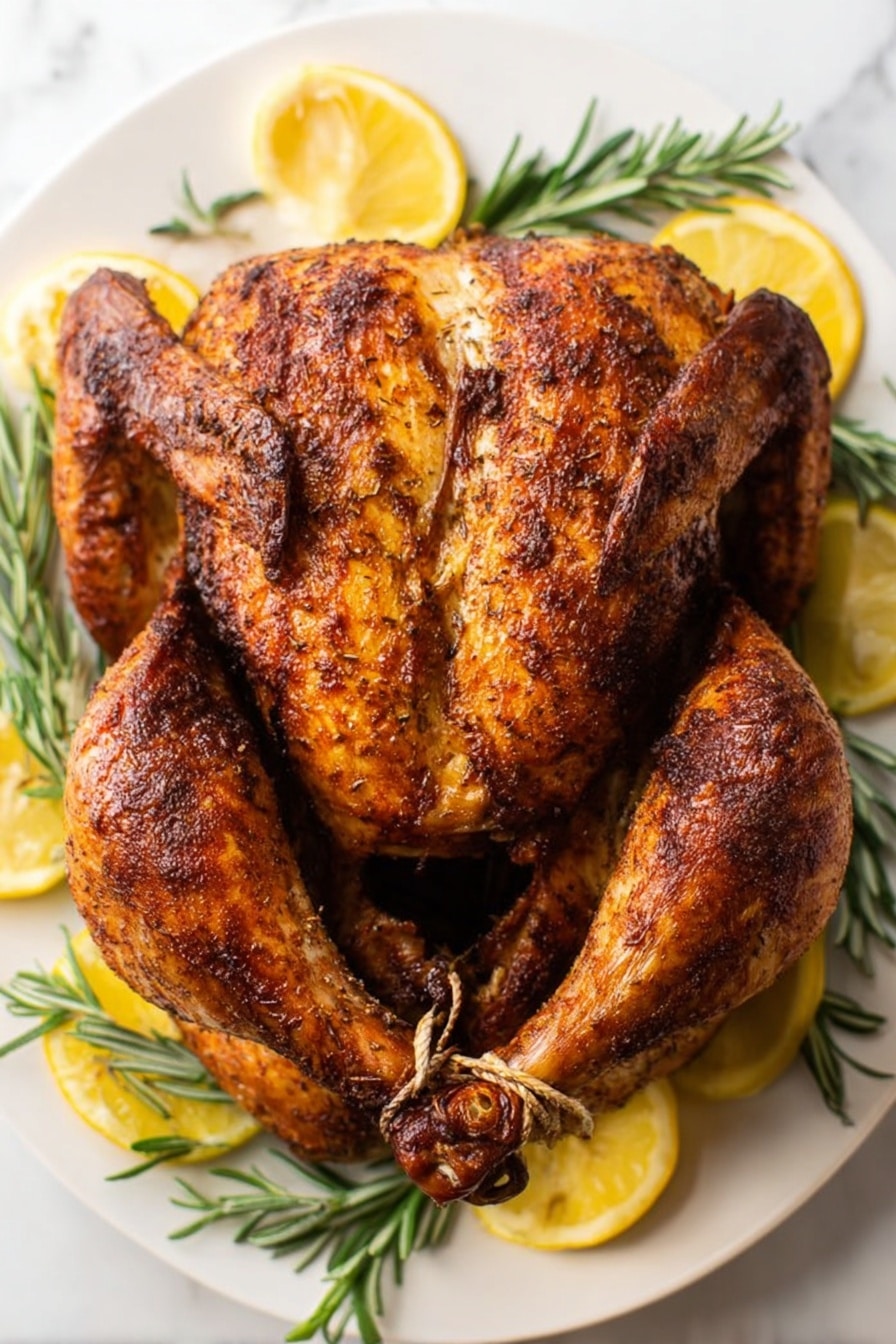 A whole roasted chicken with crispy, dark golden-brown skin is placed at the center of a white plate. The chicken is positioned with its wings folded close and legs tied together at the top. Around the chicken, there are green rosemary sprigs and bright yellow lemon slices evenly spaced on the white plate, which rests on a white marbled surface. The texture of the chicken's skin shows some herb seasoning and a slight shine from roasting. Photo taken with an iphone --ar 2:3 --v 7 - Deep Fried Turkey, crispy Thanksgiving turkey, how to fry turkey, juicy fried turkey, best turkey frying method