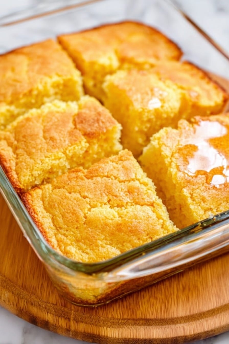 A thick square piece of cornbread with a golden brown crust on top and a soft, light yellow, crumbly inside sits on a stack of plain white plates with a thin blue rim. Small green parsley bits are sprinkled on the crust. The background shows blurry green leaves for decoration and a white marbled surface underneath. The cornbread piece looks moist and fluffy, with a slightly textured top. Photo taken with an iphone --ar 2:3 --v 7 - Garlic Butter Swim Biscuits, garlic bread side dish, easy biscuit recipe, buttery garlic biscuits, brunch bread ideas