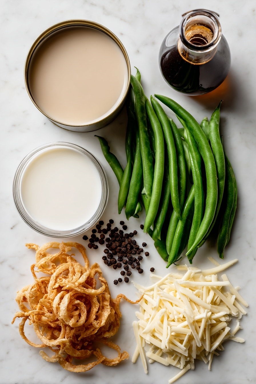 Flat lay of fresh green beans with their bright green pods intact, a smooth and creamy can of condensed mushroom soup with a soft beige color, a small glass of white milk reflecting light, a handful of golden crispy fried onions with delicate, crunchy textures, dark brown whole soy sauce bottle with rich, glossy surface, a cluster of black peppercorns showing their rough, matte texture, and a small pile of pale yellow shredded cheddar cheese with fine, thin strands, all naturally arranged with some scattered crispy onions and green beans overlapping gently, placed on white marbled surface, photo taken with an iphone --ar 2:3 --v 7 - Creamy Green Bean Casserole with Crispy Onion Topping, green bean casserole, crispy onion topping recipe, holiday green bean side dish, easy green bean casserole