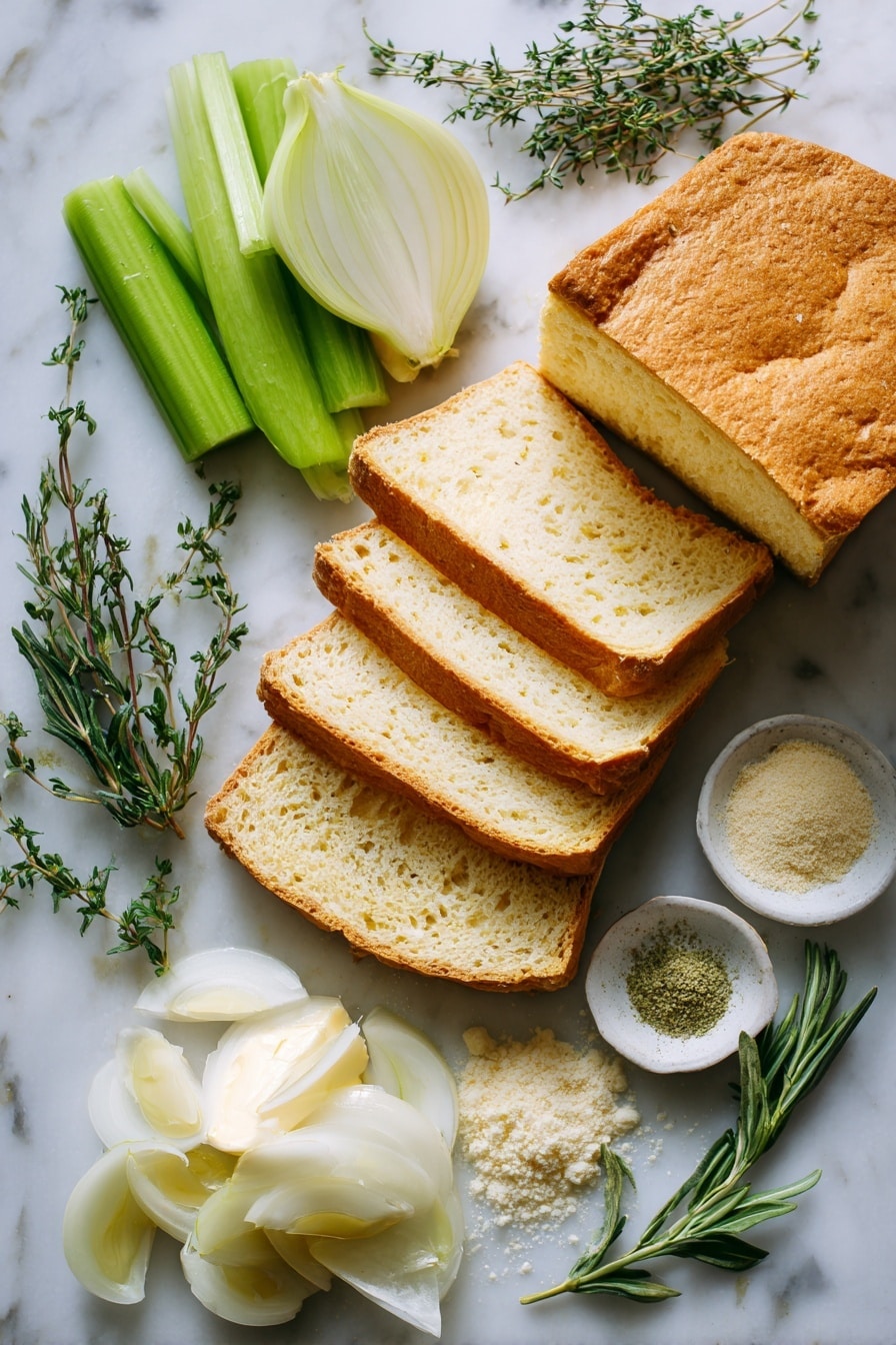 Flat lay of thick slices of golden honey white gluten-free bread arranged in a loose stack, bright green celery stalks with crisp texture sliced thinly beside a chopped soft yellow onion with visible layers, fresh sprigs of green thyme and rosemary scattered naturally, small piles of ground sage powder showing soft pale green hues, and a pat of creamy butter with smooth texture melting slightly on the side, all placed on white marbled surface, photo taken with an iphone --ar 2:3 --v 7 - Gluten-Free Stuffing, gluten-free stuffing recipe, holiday stuffing, easy gluten-free side dish, savory gluten-free stuffing