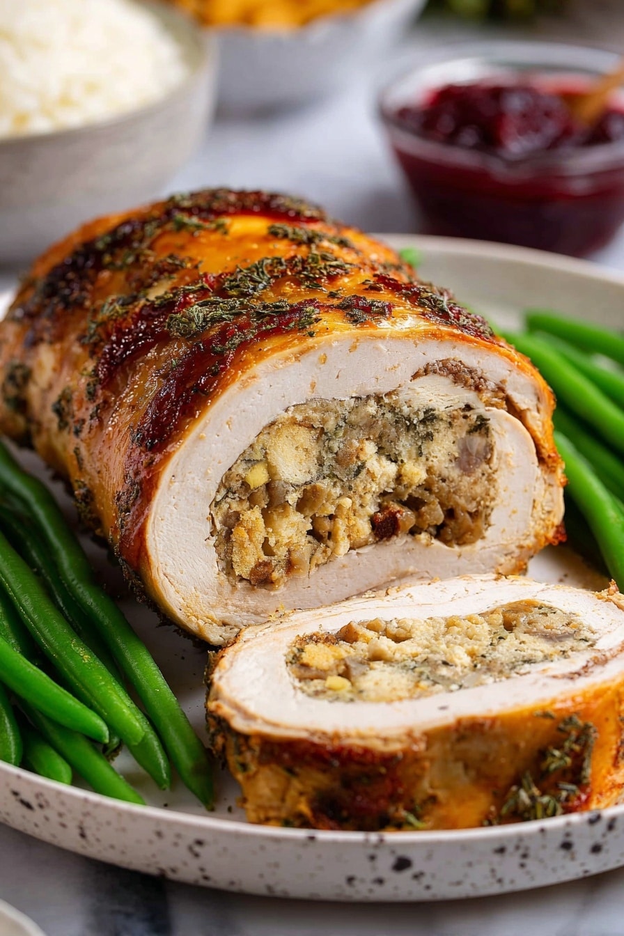 A close-up view of a cooked rolled meat dish sliced neatly on a white plate with green beans and orange carrot sticks on the side. The dish shows three layers: the outer layer is golden brown with a crispy texture, the middle layer is thick and smooth, light beige in color, and the inner layer features a seasoned stuffing with a coarse, mixed texture in a light brown shade. The slices reveal the stuffed center clearly, with the whole roll resting on a white marbled surface. photo taken with an iphone --ar 2:3 --v 7 - Vegan Turkey Roast Seitan, vegan holiday roast, plant-based turkey alternative, vegetarian seitan roast, vegan festive centerpiece