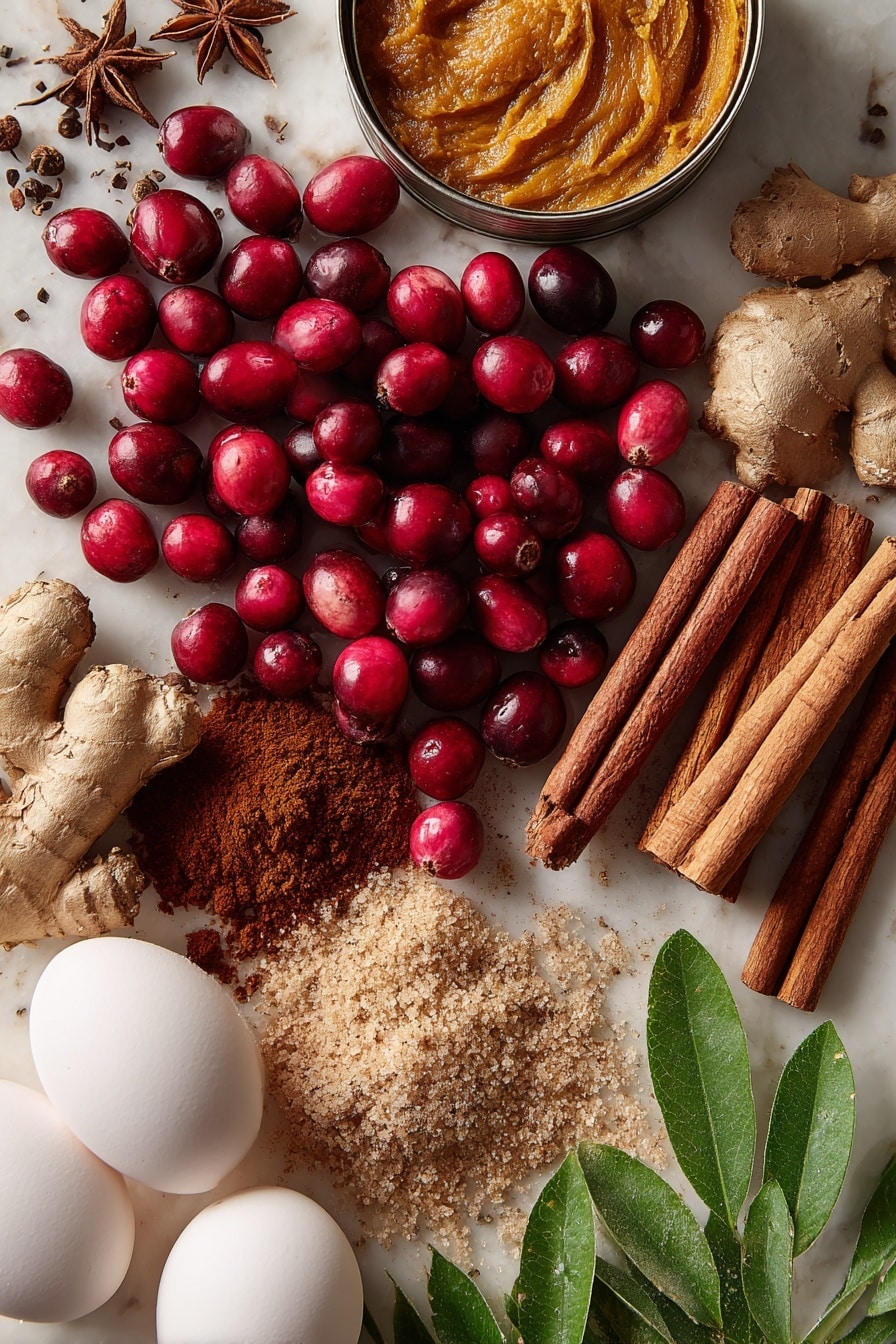 Flat lay of plump fresh cranberries with their vibrant deep red color and glossy texture, a smooth can of rich orange pumpkin puree opened to show its creamy inside, golden light and dark brown sugar mounded with coarse crystals visible, whole warm brown cinnamon sticks and scattered ground cinnamon powder with a soft texture, fresh nutmeg whole with its rough brown shell, fresh ginger root showing its knobby pale beige skin, bright white large eggs with a smooth matte surface, and fresh green leaves of pie crust dough rolled thin with delicate veins scored on top, all beautifully arranged in a balanced composition with contrasting colors and natural textures, placed on white marbled surface, photo taken with an iphone --ar 2:3 --v 7 - Great Pumpkin Pie, pumpkin pie classic, fall dessert recipes, flaky pumpkin pie crust, sugared cranberry garnish