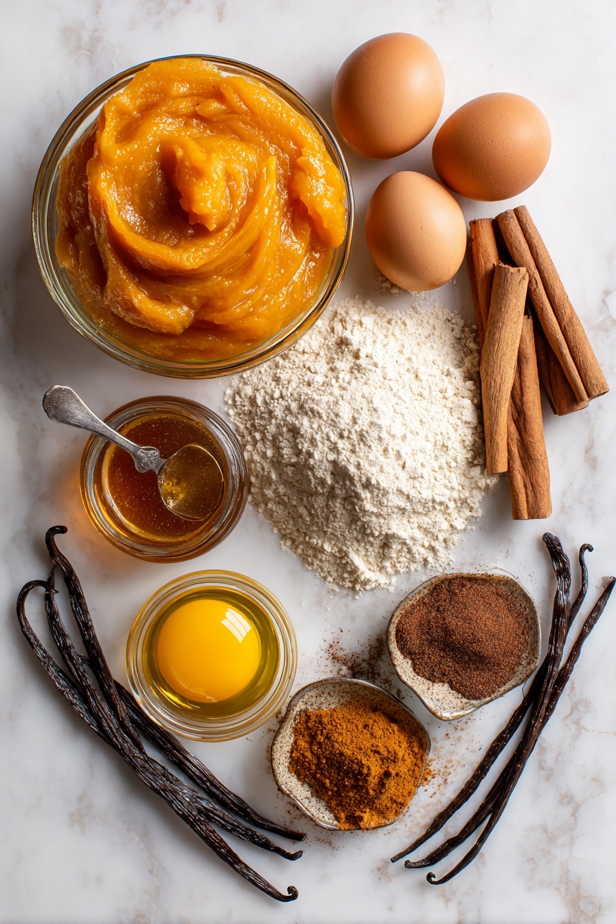Flat lay of vibrant orange pumpkin puree in a clear bowl, glossy amber-brown browned butter with a smooth texture, shiny golden eggs with smooth shells, warm golden maple syrup in a small glass jar, a neat pile of whole wheat pastry flour with fine texture, cinnamon sticks and bright brown nutmeg pods alongside small piles of ground cinnamon, nutmeg, ginger, and allspice showing their rich earthy tones, and fresh vanilla beans with glossy dark pods scattered lightly, all beautifully arranged in a balanced composition with natural light highlighting their colors and textures, placed on white marbled surface, photo taken with an iphone --ar 2:3 --v 7 - Healthy Pumpkin Bread with Maple Glaze, wholesome pumpkin bread, easy pumpkin bread recipe, moist pumpkin bread with maple glaze, healthy fall baking