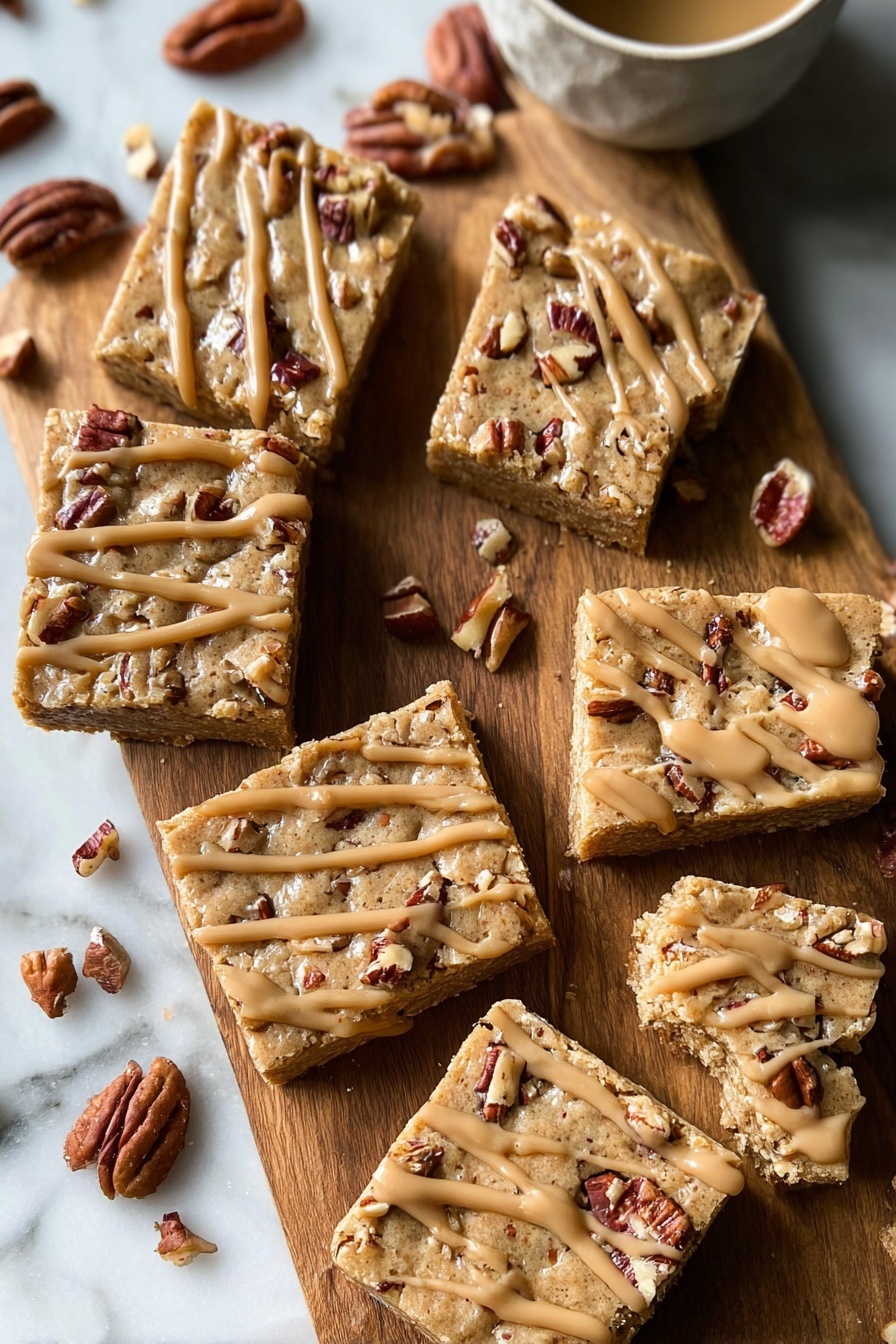 The image shows five square nut bars arranged on a wooden board, each bar having a thick, light brown base mixed with pecan pieces. The top has a drizzle of creamy, light tan sauce that flows down the sides and pools slightly on the board. The texture of the bars looks crumbly and dense with visible nut chunks. In the background, a white mug with light brown liquid inside has a drip of the same creamy sauce running down its side. The surface below the wooden board is a white marbled texture. photo taken with an iphone --ar 2:3 --v 7 - Maple Pecan Blondies with Caramel Glaze, pecan blondie recipe, maple blondies, caramel glaze dessert, nutty blondie bars