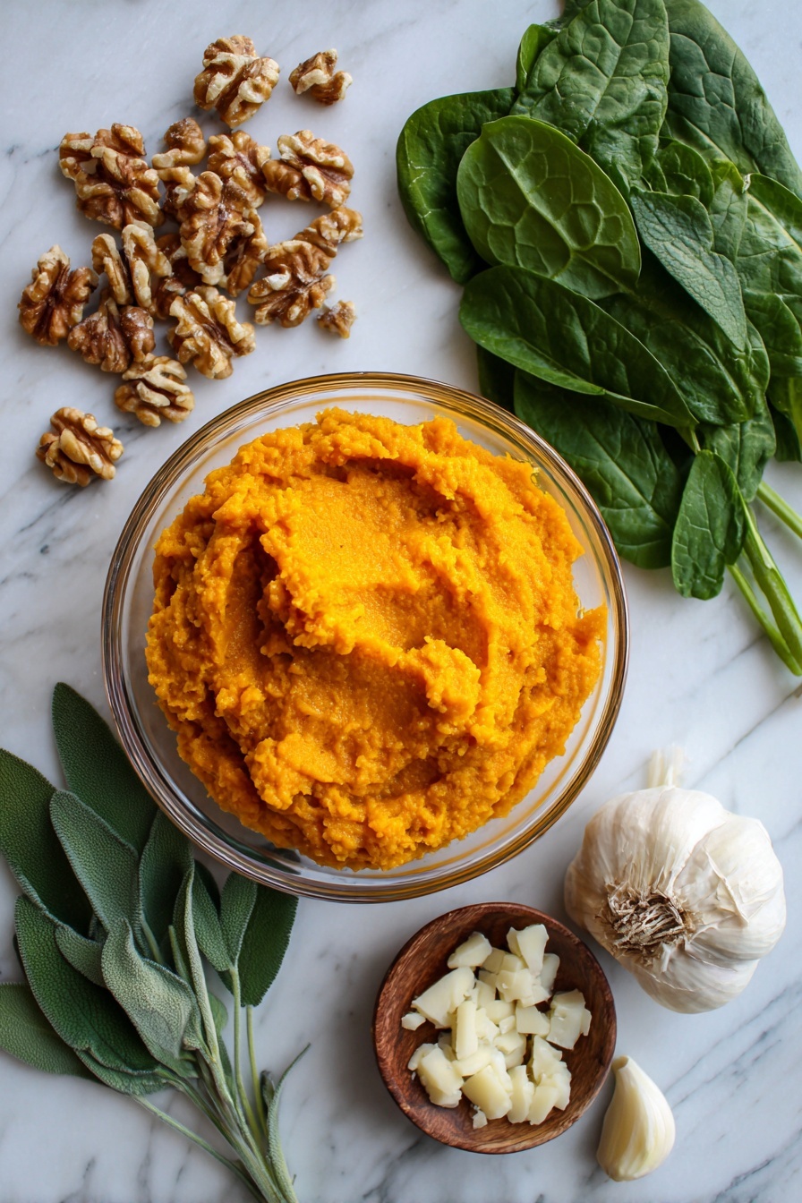 Flat lay of bright orange pumpkin purée in a clear bowl, fresh deep green spinach leaves fanned out, whole fresh sage leaves with velvety texture, a small pile of golden roasted pepitas, rich brown chopped walnuts scattered casually, creamy white grated parmesan cheese with fine texture, cloves of pale minced garlic, placed on white marbled surface, photo taken with an iphone --ar 2:3 --v 7 - Pumpkin Pasta, creamy pumpkin pasta, fall pasta recipes, cozy pumpkin pasta dish, easy pumpkin pasta