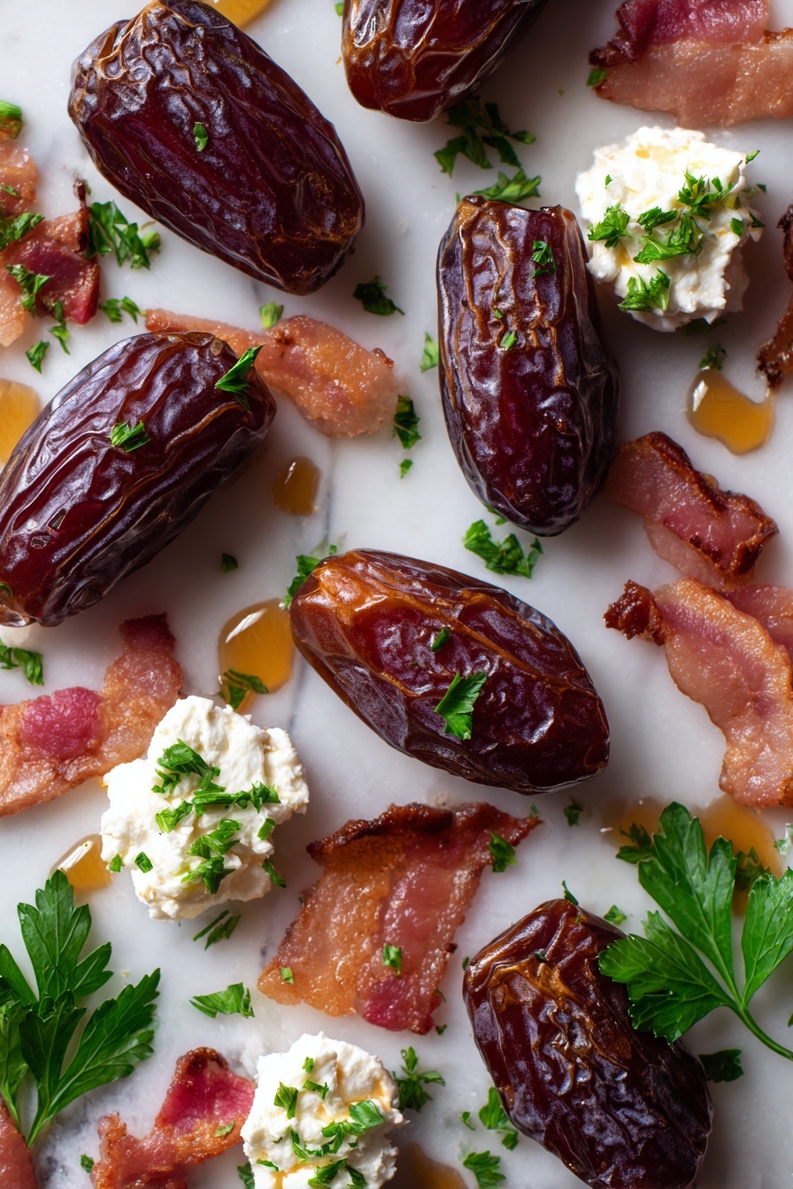 Flat lay of plump Medjool dates with glossy dark brown skin, creamy white goat cheese dollops, thin strips of streaky pink and white bacon, shiny amber maple syrup drizzles, and bright green chopped parsley leaves scattered naturally around, all arranged with a mix of soft, smooth, and crispy textures, placed on white marbled surface, photo taken with an iphone --ar 2:3 --v 7 - Bacon-Wrapped Dates with Goat Cheese and Maple Syrup, bacon-wrapped dates appetizer, easy bacon and date appetizer, savory sweet appetizer, gourmet party snacks