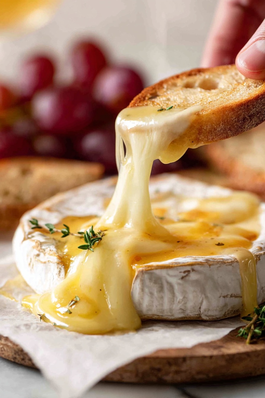 A white round wheel of soft cheese with a cut on the top showing creamy pale yellow melted cheese oozing out, topped with golden honey and a small green thyme sprig, placed on white parchment paper. Next to the cheese is a small bunch of red grapes with a shiny smooth surface. Around the cheese and grapes, there are several slices of light golden toasted bread with a crunchy texture. The whole setup is on a white marbled surface. Photo taken with an iphone --ar 2:3 --v 7 - Baked Brie with Honey and Thyme, baked brie appetizer, easy baked cheese, honey thyme cheese dip, party appetizer ideas