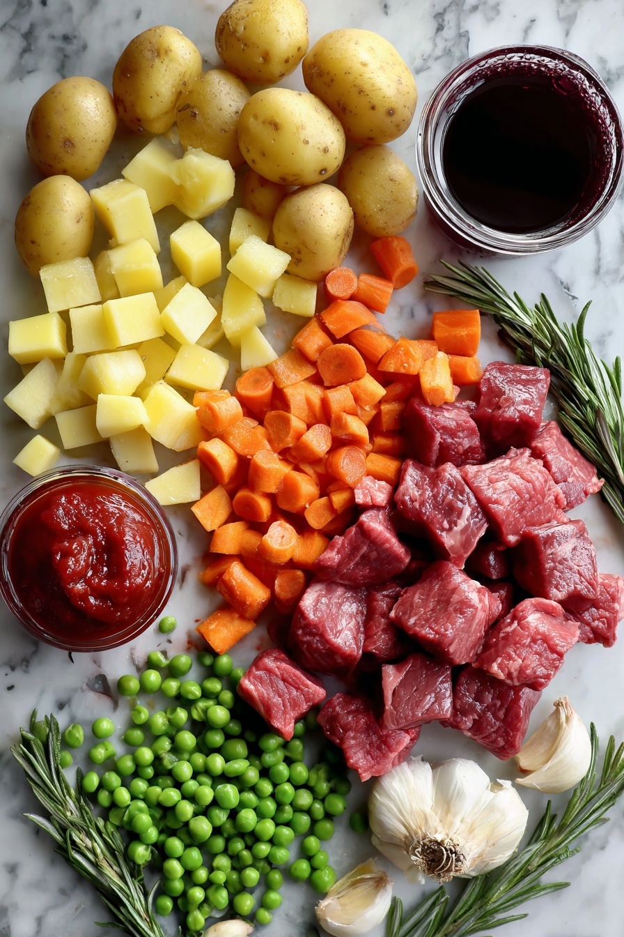 Flat lay of raw beef stew meat cubes, bright orange carrot chunks, halved baby Yukon gold potatoes, diced yellow onions, peeled garlic cloves, fresh rosemary sprig, glossy tomato paste dollop, deep red cabernet sauvignon wine poured in a small spill, vibrant green frozen peas scattered artfully, placed on a white marble surface, photo taken with an iphone --ar 2:3 --v 7 - Slow Cooker Beef Stew, hearty beef stew, easy slow cooker dinner, tender beef stew recipe, comforting beef stew
