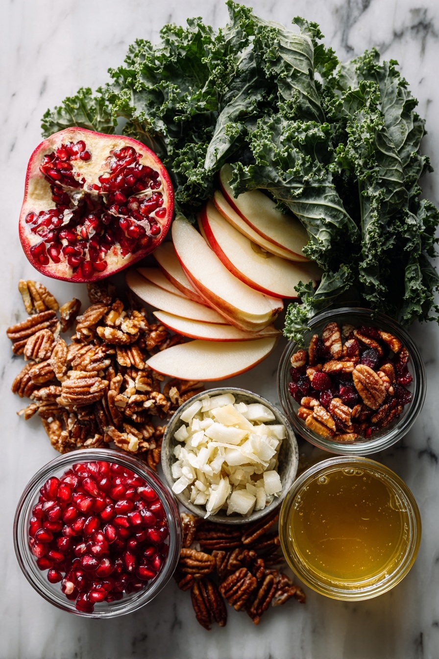 Flat lay of a large bunch of fresh kale leaves, thinly sliced apple slices with red skin, small chopped dried figs, bright red pomegranate arils, toasted pecans with a golden sheen, crumbled white goat cheese, a small pile of chopped shallots, and a small glass jar filled with golden balsamic vinaigrette, all beautifully arranged with balanced spacing and natural light, placed on a white marble surface, photo taken with an iphone --ar 2:3 --v 7 - Fall Harvest Kale Salad with Fresh Fruit and Nuts, autumn kale salad recipe, healthy fall salad, seasonal kale salad with fruit and nuts, easy autumn salad