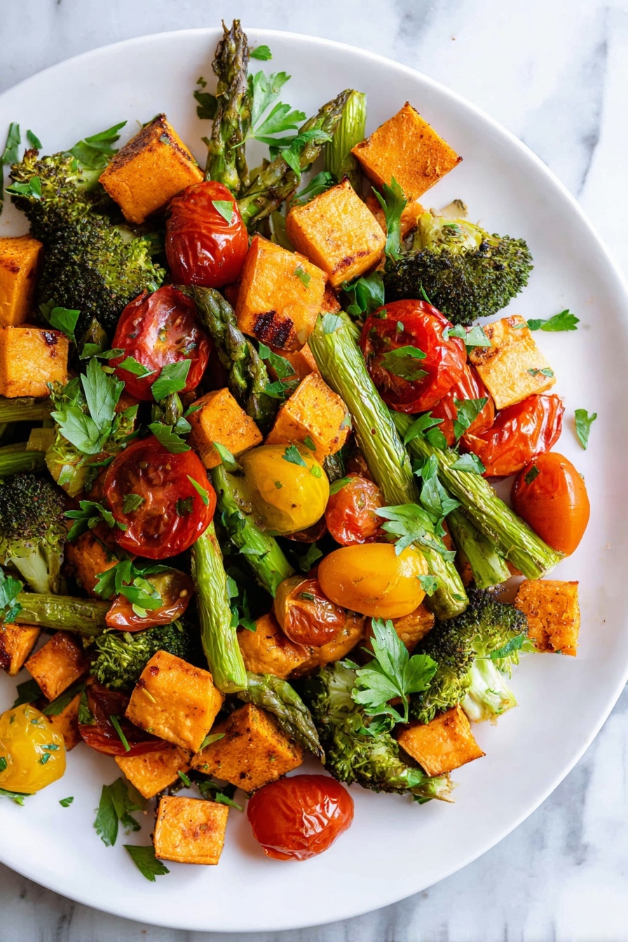 Sheet Pan Roasted Vegetables with Sweet Potatoes, Broccoli, Asparagus, and Cherry Tomatoes Recipe - Serving