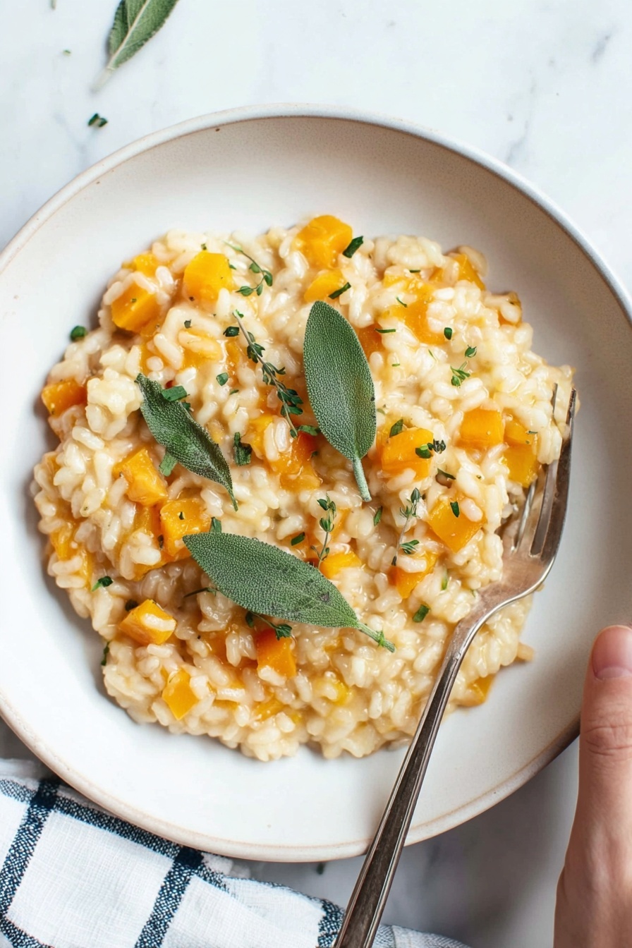 A shallow white plate holds a creamy risotto with visible small orange cubes mixed throughout, likely squash, and sprinkled with finely chopped green herbs. Three whole sage leaves are placed on top, adding a fresh touch. A silver fork rests gently on the side of the risotto, with a woman's hand lightly holding it. The background and surface are a clean white marbled texture, with a white and blue checkered cloth partly visible at the edge. photo taken with an iphone --ar 2:3 --v 7 - Butternut Squash Risotto, creamy butternut squash risotto, easy butternut squash risotto, vegetarian risotto recipe, seasonal squash risotto