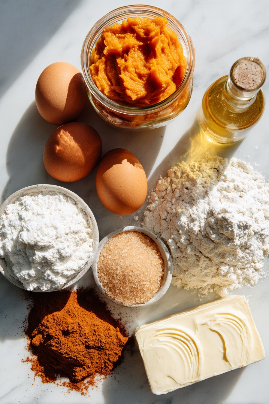 Flat lay of bright orange pumpkin puree in a small glass jar, a mound of soft light brown sugar crystals, golden vegetable oil in a clear bottle, two fresh brown eggs, a heap of pale all-purpose flour, a small pile of warm brown ground cinnamon and ginger powders, smooth white cream cheese block, a swirl of creamy butter, and a dusting of fine white confectioners’ sugar, beautifully arranged with natural light and soft shadows, placed on a white marble surface, photo taken with an iphone --ar 2:3 --v 7 - Pumpkin Whoopie Pies, fall dessert recipes, pumpkin cookies with cream cheese frosting, cozy autumn treats, easy pumpkin treat recipes