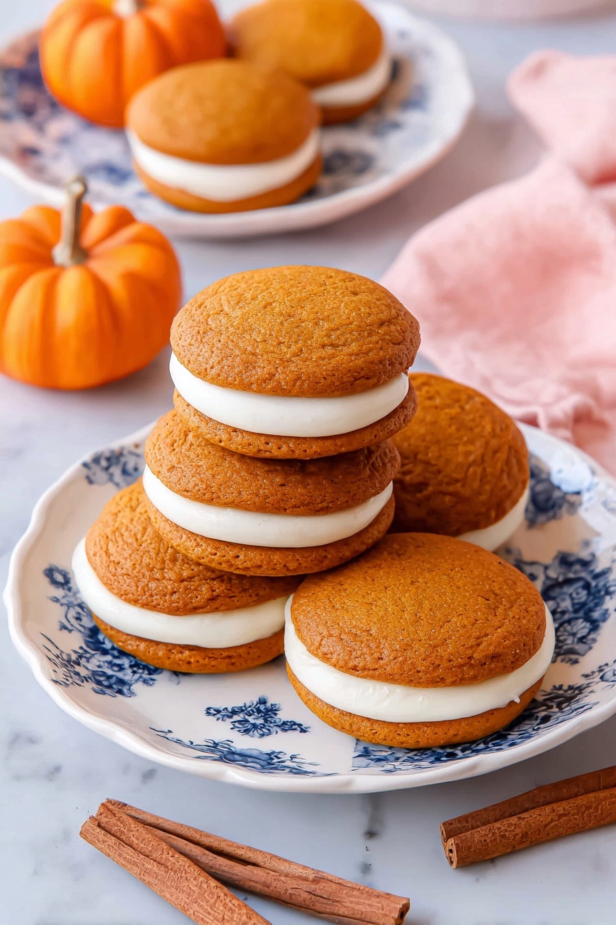 The image shows a stack of five round, soft pumpkin sandwich cookies on a white plate with blue floral patterns. Each cookie has two orange-brown spongy layers, with a thick, smooth white cream filling in between. In the background, there is one more cookie on a smaller white plate with the same blue floral design, and two small orange pumpkins. A pink cloth is casually placed near the plate, and two cinnamon sticks lie on the white marbled surface in front. The overall colors are warm and inviting, emphasizing the autumn theme. Photo taken with an iphone --ar 2:3 --v 7 - Pumpkin Whoopie Pies, fall dessert recipes, pumpkin cookies with cream cheese frosting, cozy autumn treats, easy pumpkin treat recipes