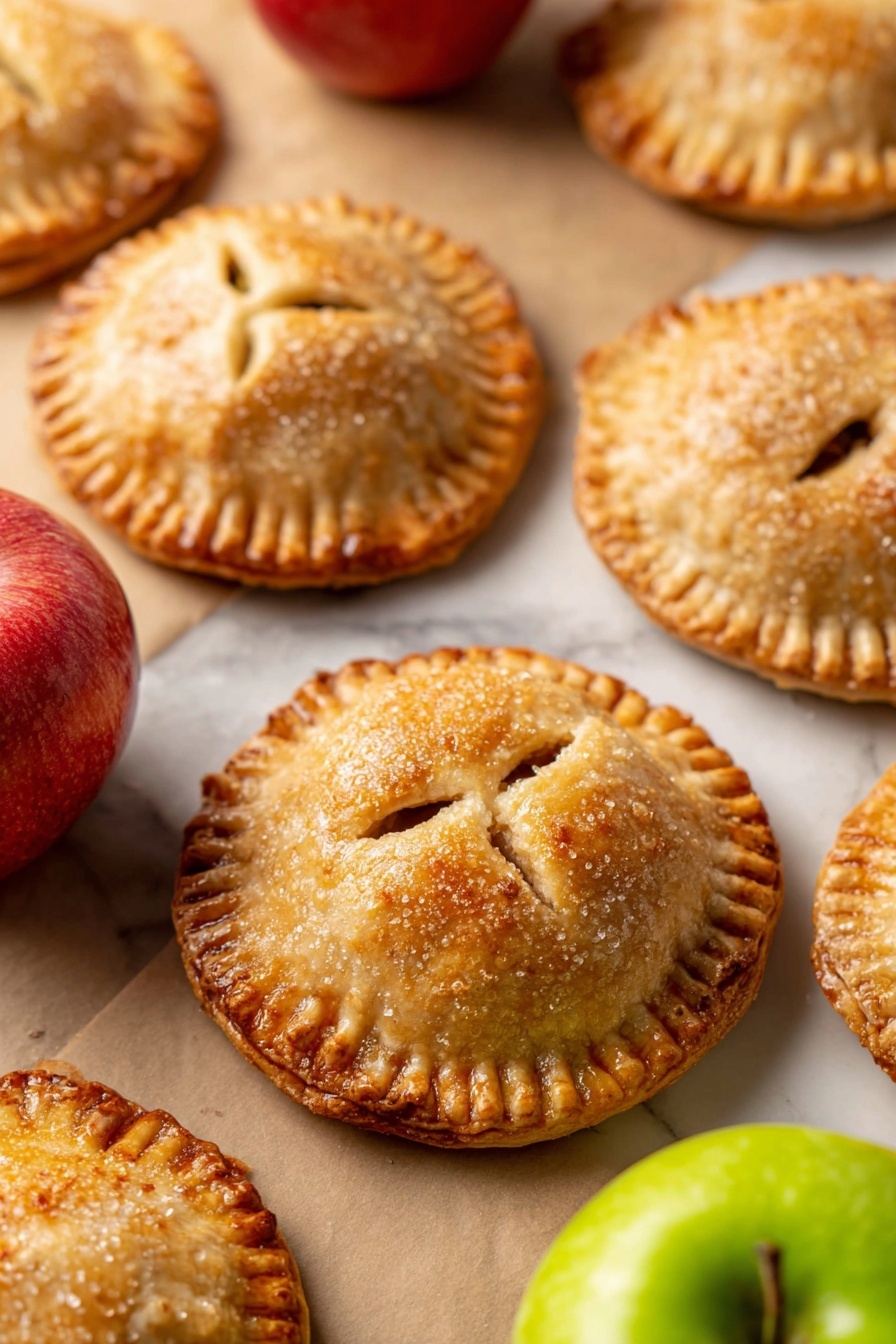 The image shows a stack of three golden-brown hand pies with crimped edges, each pie topped with coarse sugar crystals that add a sparkly texture. Their crusts have a slightly flaky and browned finish, and the top pie has a small round vent hole in the center. Surrounding the pies are whole apples in red and green colors, placed on a white marbled surface with scattered sugar crystals and more hand pies blurred in the background. The overall feeling is warm and inviting with focus on the textures of the baked pies and fresh apples photo taken with an iphone --ar 2:3 --v 7 - Apple Hand Pies, apple hand pies recipe, portable apple pies, individual apple pies, homemade apple hand pies