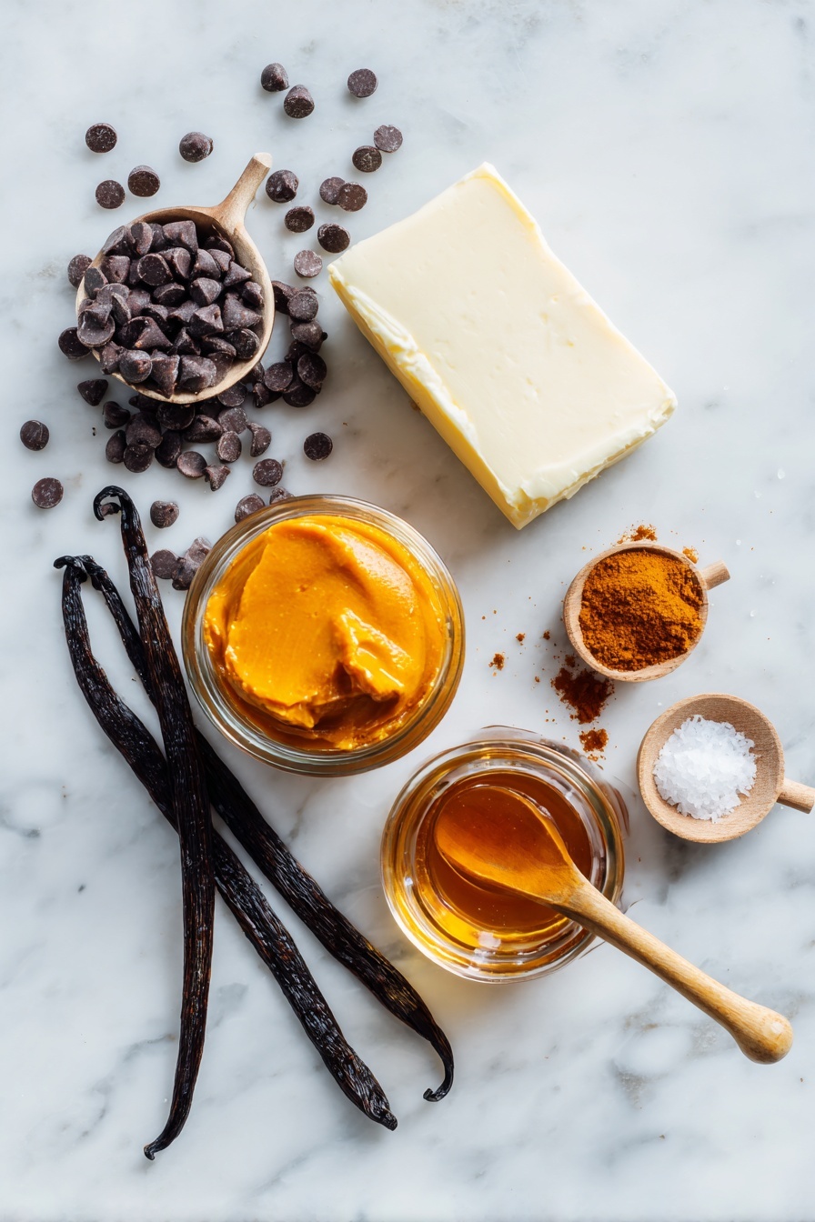 Flat lay of smooth cream cheese block, rich pumpkin puree in a small glass jar, glossy dark chocolate chips scattered artfully, warm cinnamon and other pumpkin pie spices in tiny wooden spoons, vibrant amber maple syrup in a clear bottle, a few flakes of sea salt glistening, and a whole vanilla bean pod gently curved, all beautifully arranged on a white marble surface, photo taken with an iphone --ar 2:3 --v 7 - Pumpkin Brownies with Cream Cheese and Chocolate Chips, pumpkin brownies, fall dessert recipes, easy pumpkin treat, chocolate chip brownies
