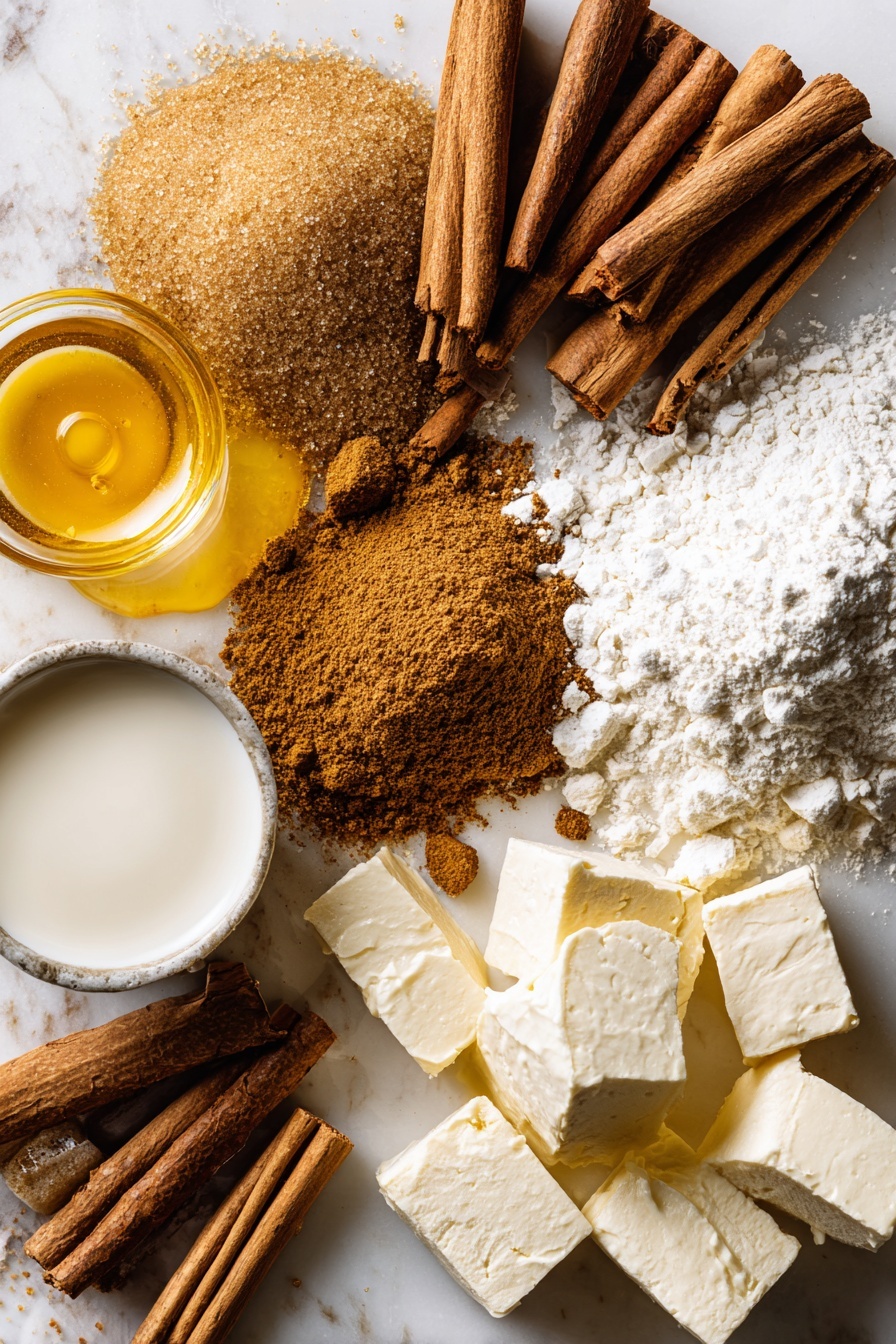 Flat lay of dark brown sugar piled next to a heap of ground cinnamon sticks, golden melted butter pooled softly, a small splash of creamy milk, smooth white powdered sugar dusted lightly, a few cubes of cream cheese, and a scattering of all-purpose flour, all beautifully arranged with warm golden hues and soft shadows, placed on a white marble surface, photo taken with an iphone --ar 2:3 --v 7 - Cinnamon Rolls, homemade cinnamon rolls, soft cinnamon rolls recipe, easy cinnamon rolls, best cinnamon rolls