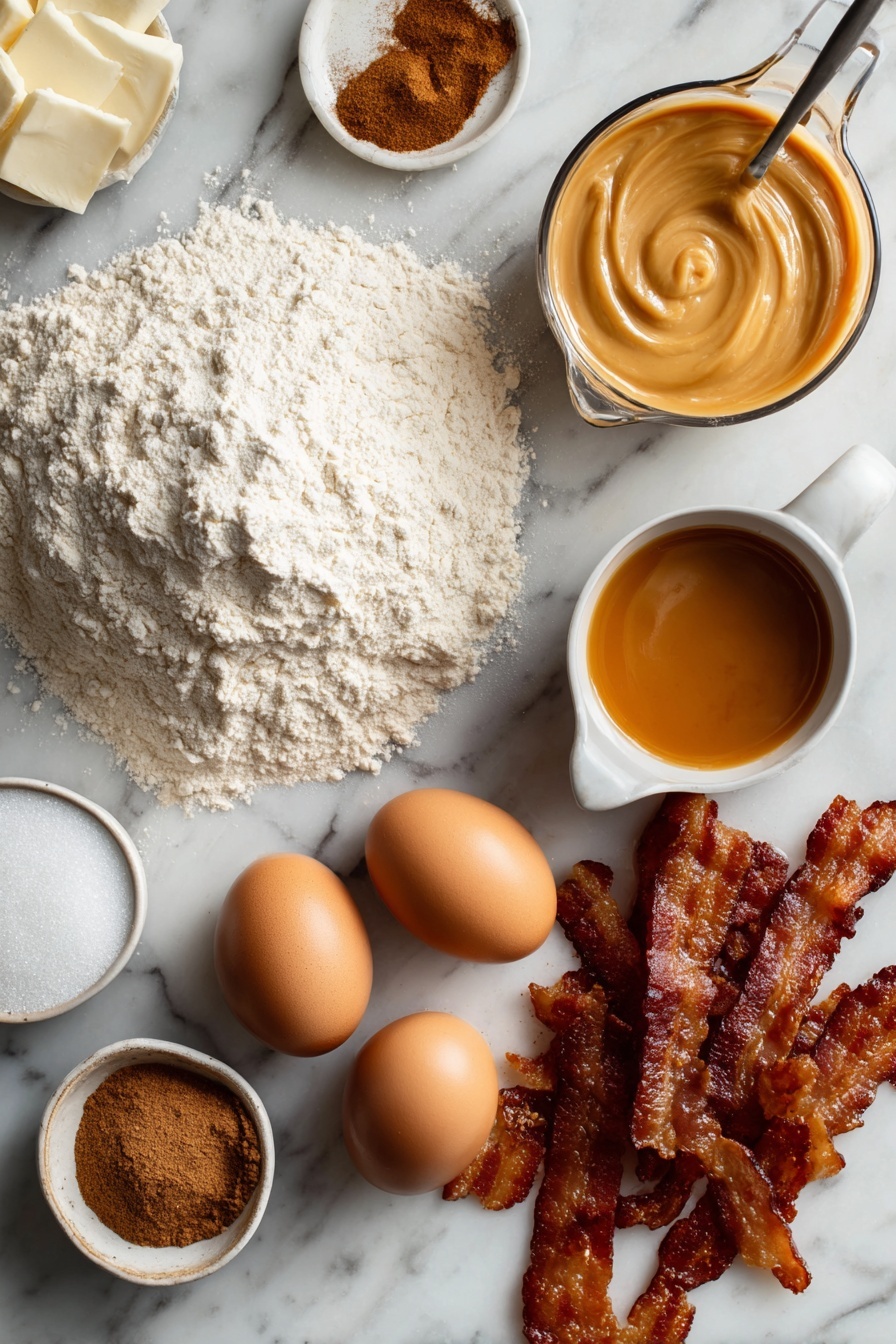 Flat lay of a mound of all-purpose flour dusted with a light sprinkle of ground nutmeg and cinnamon nearby, two large brown eggs resting close to a small pool of melted golden butter, a measuring cup filled with creamy half & half, a neat pile of granulated sugar, a small bowl of smooth maple glaze with a drizzle of vanilla essence visible, and crispy, chopped smoky bacon strips scattered artfully, placed on a white marble surface, photo taken with an iphone --ar 2:3 --v 7 - Maple Donuts, Maple Donuts Recipe, Fall Flavored Donuts, Homemade Maple Donuts, Easy Donuts with Maple Glaze