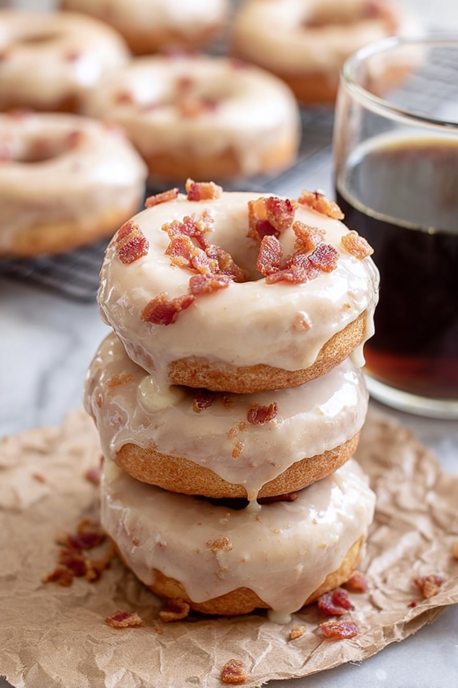 A stack of four round donuts is shown, each donut coated with a shiny light beige glaze. The top donut has small crispy bacon bits scattered on the glaze, some bits also falling onto the ones below. The donuts have a soft, golden-brown texture visible under the glaze. The stack sits on crumpled brown parchment paper with a white marbled background. In the blurry background, more donuts are on a cooling rack. To the right of the stack, a clear glass cup of dark coffee stands, partially in view. Photo taken with an iphone --ar 2:3 --v 7 - Maple Donuts, Maple Donuts Recipe, Fall Flavored Donuts, Homemade Maple Donuts, Easy Donuts with Maple Glaze