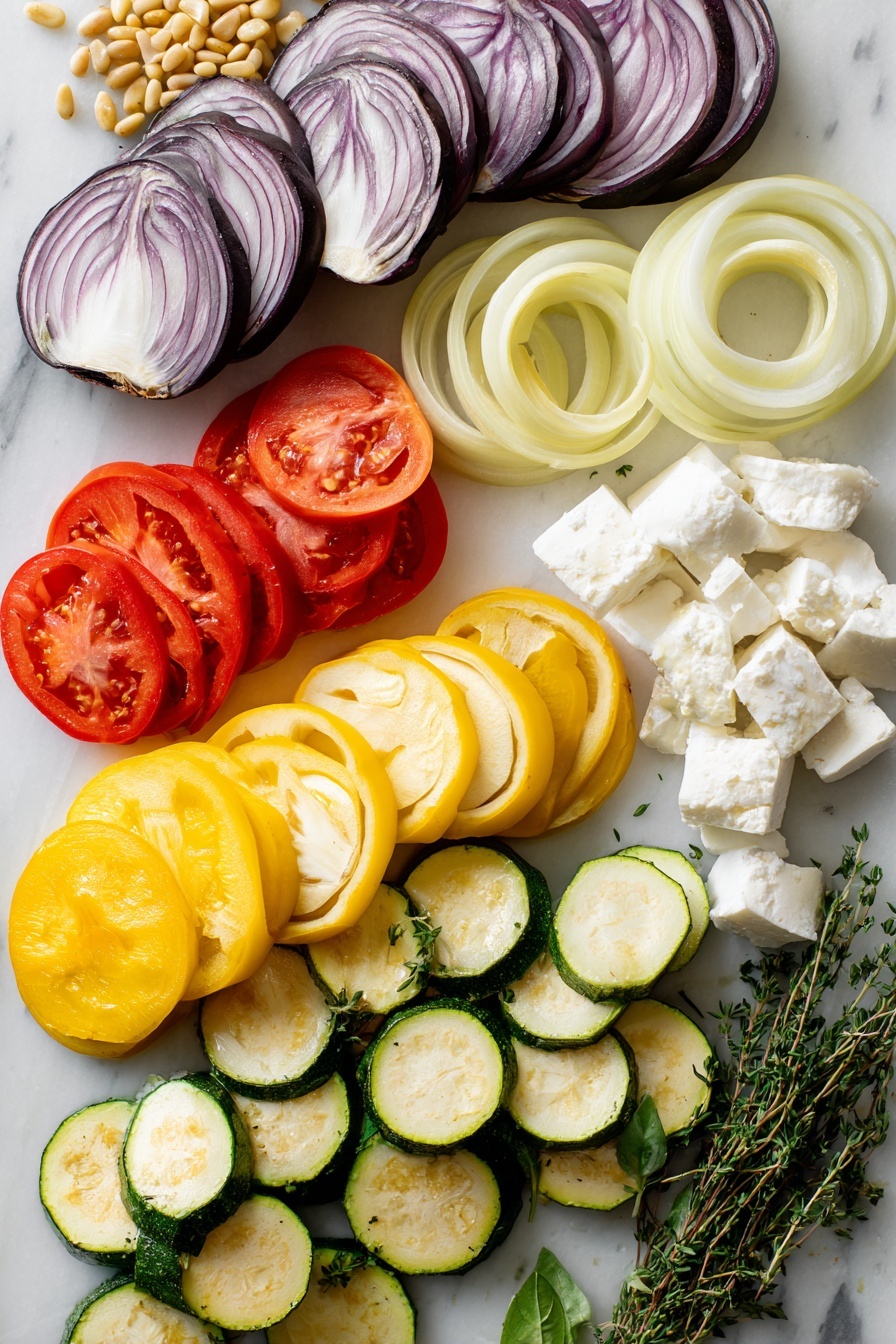 Flat lay of fresh globe eggplant slices, vibrant zucchini and yellow squash rounds, colorful red and yellow bell pepper slices, juicy Roma tomato slices, thinly sliced yellow onion rings, bright green fresh thyme sprigs, creamy white goat cheese chunks, golden toasted pine nuts, and fresh green basil leaves beautifully arranged in a balanced composition, placed on a white marble surface, photo taken with an iphone --ar 2:3 --v 7 - Creamy Goat Cheese Polenta with Ratatouille, goat cheese polenta, ratatouille recipe, creamy vegetable side dish, easy vegetarian dinner
